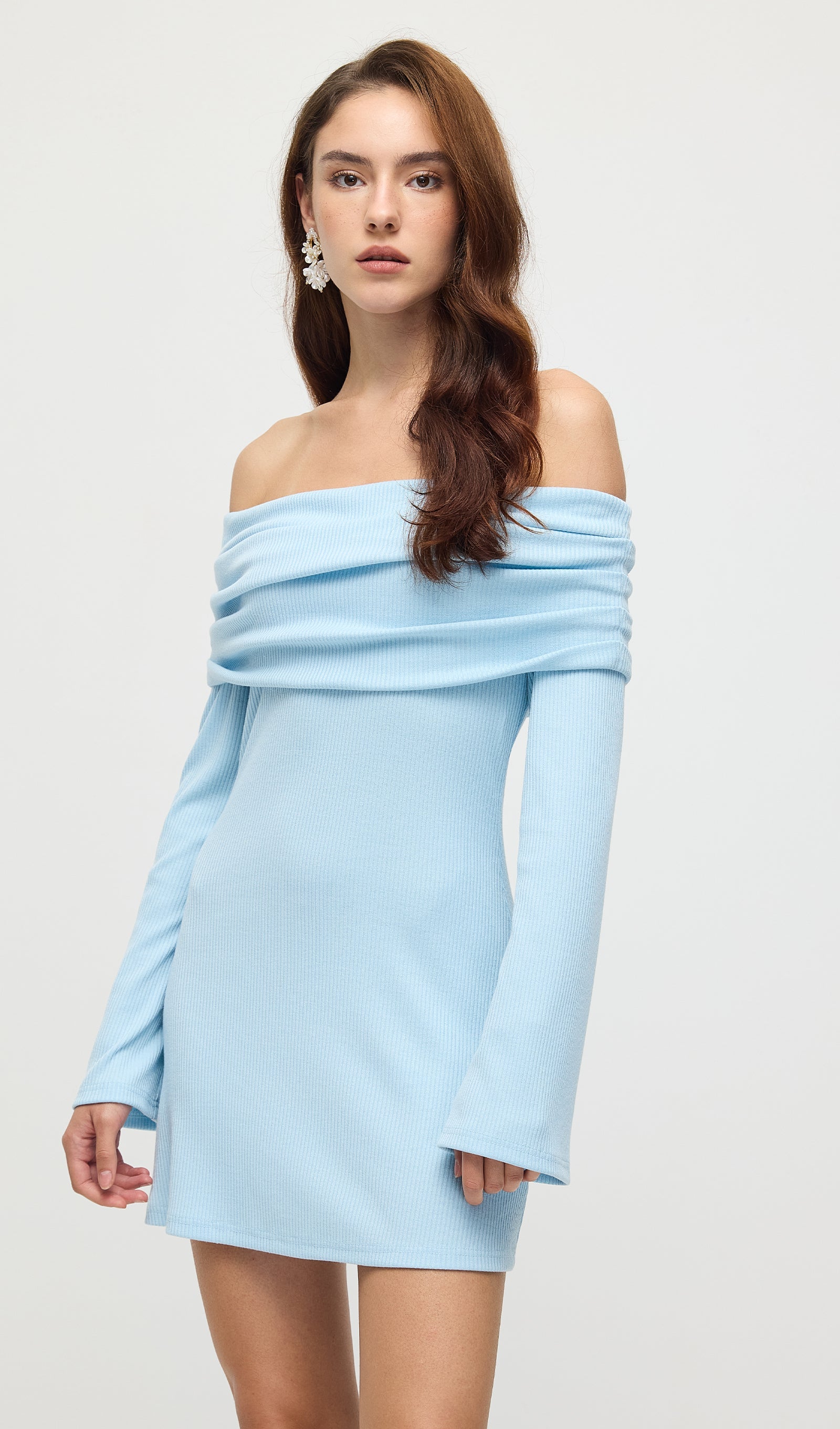 Off Shoulder Rib Knit Mini Dress In Baby Blue