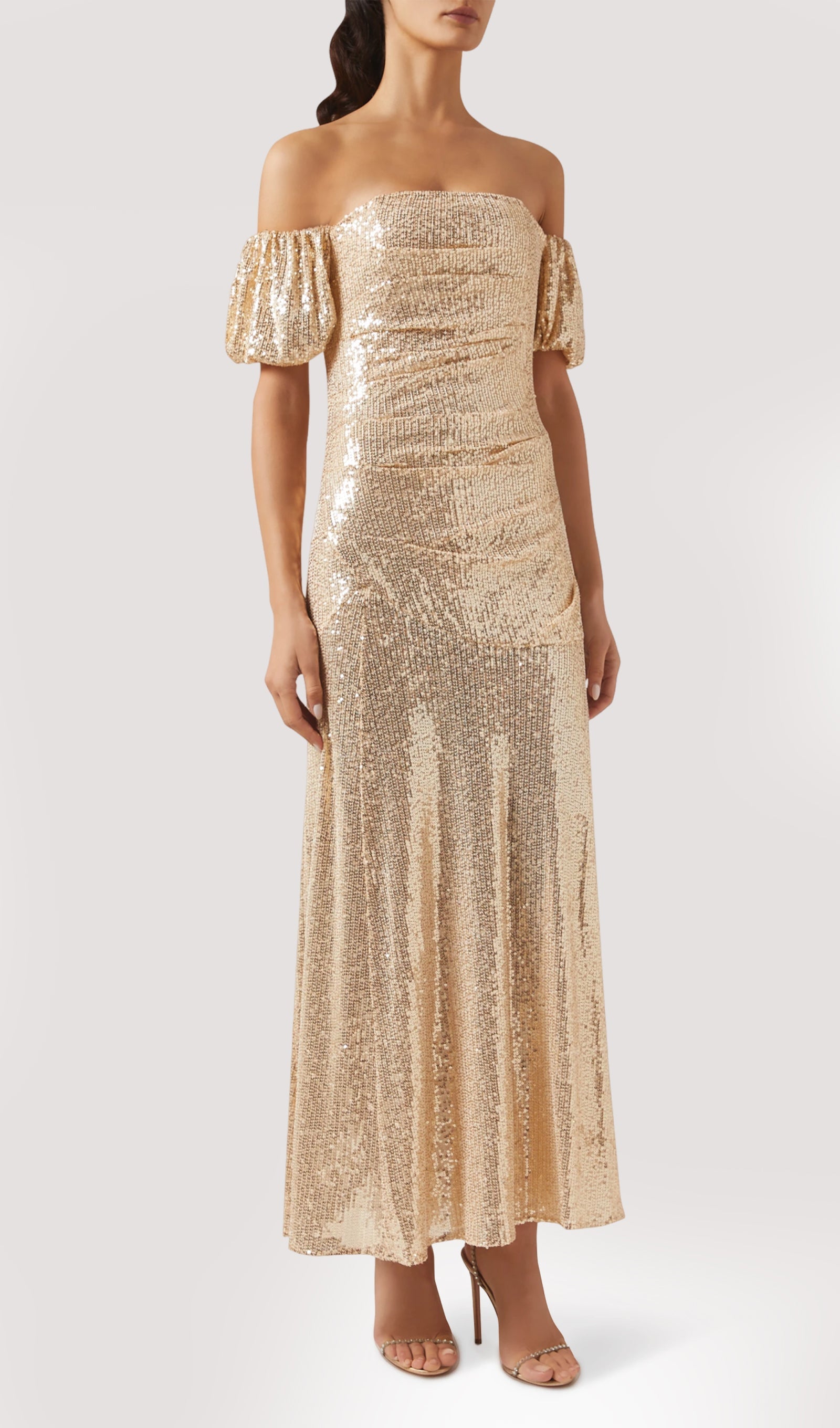 Off Shoulder Stretch Sequin Maxi Dress In Gold