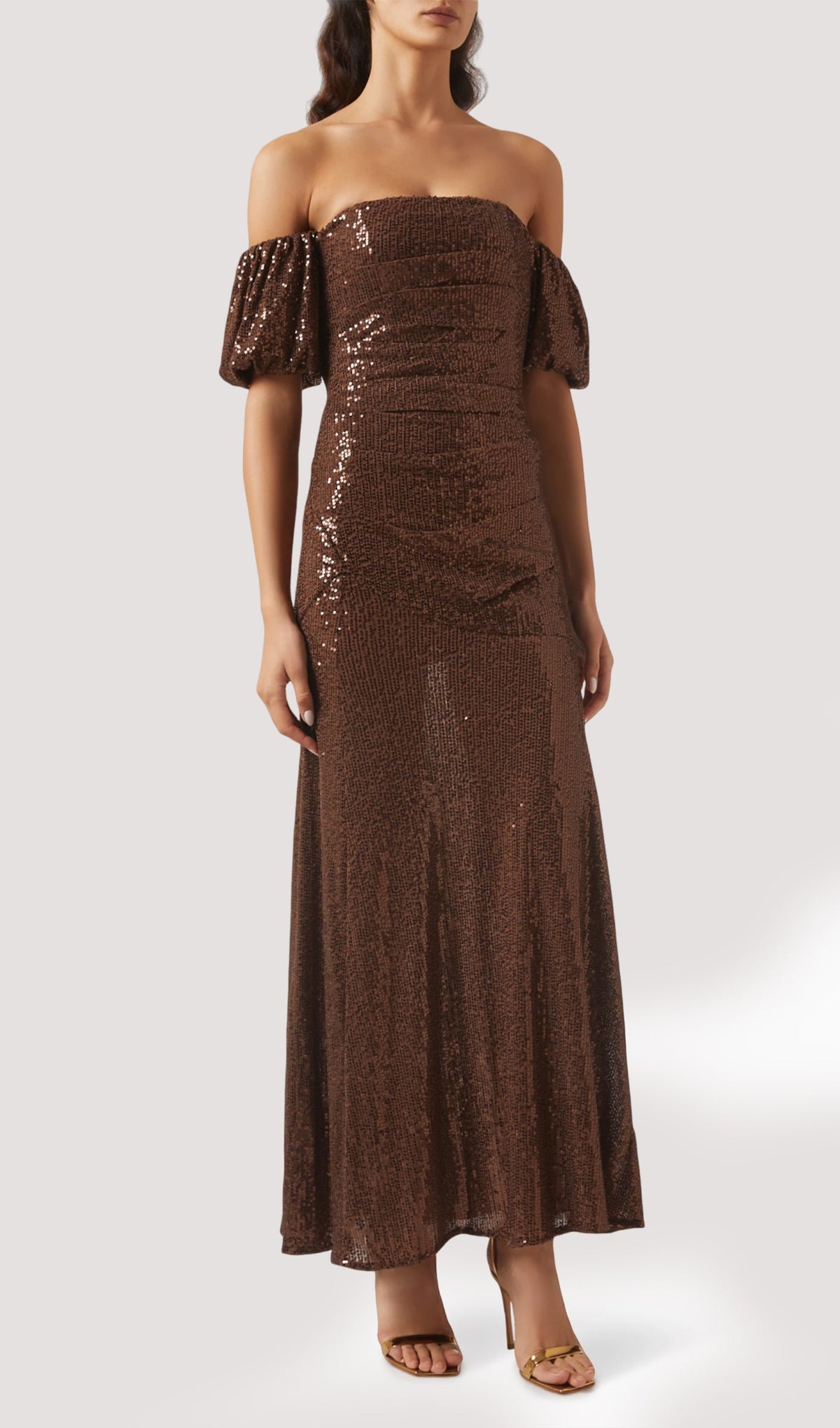 Off Shoulder Stretch Sequin Maxi Dress In Brown
