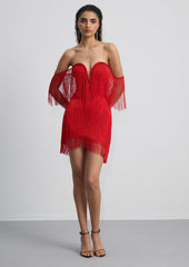 Off Shoulder Fringe Trim Mini Dress