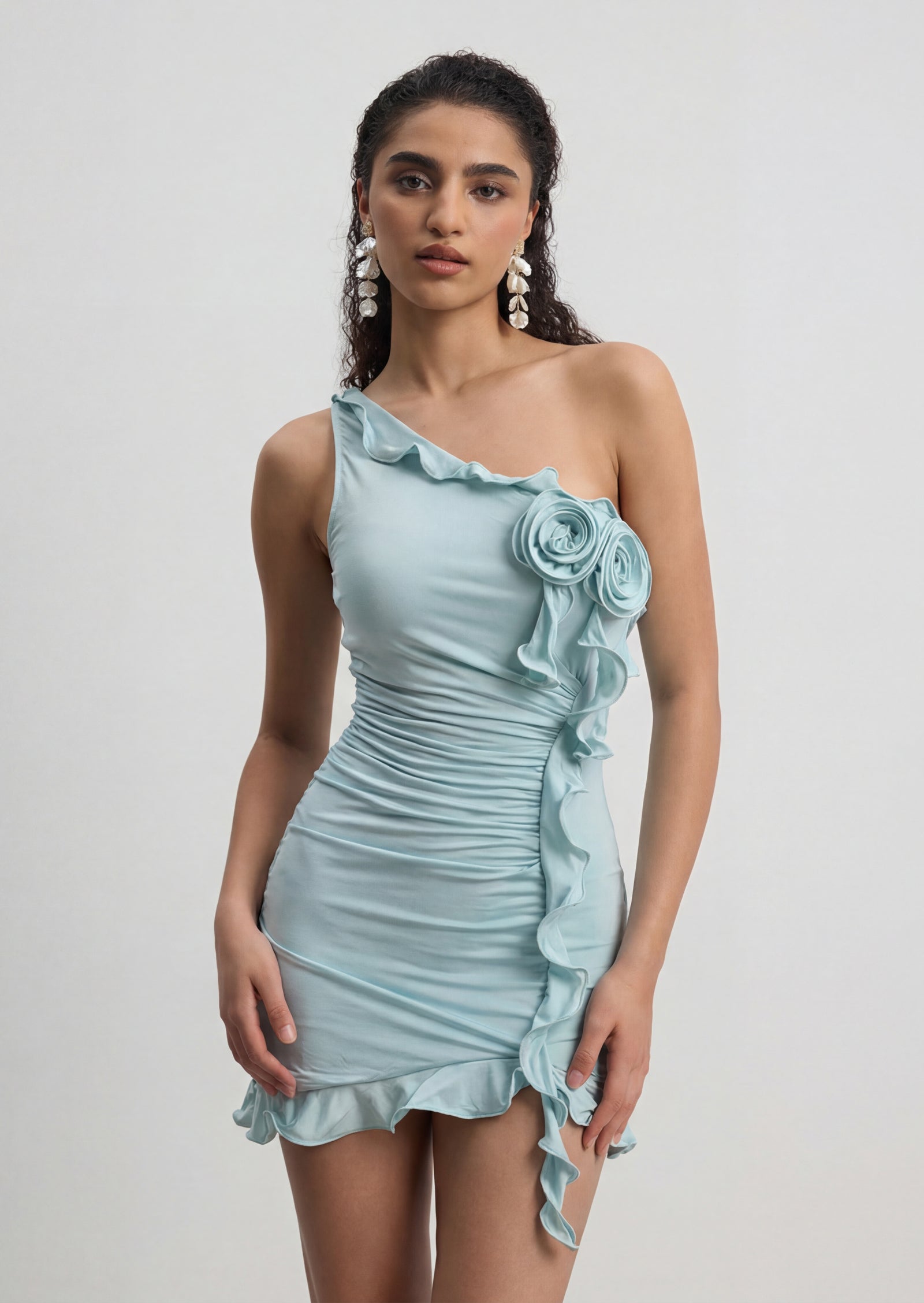 One Shoulder Ruffle Hem Mini Dress