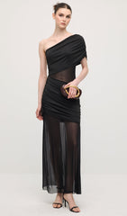 One Shoulder Mesh Maxi Dress In Black