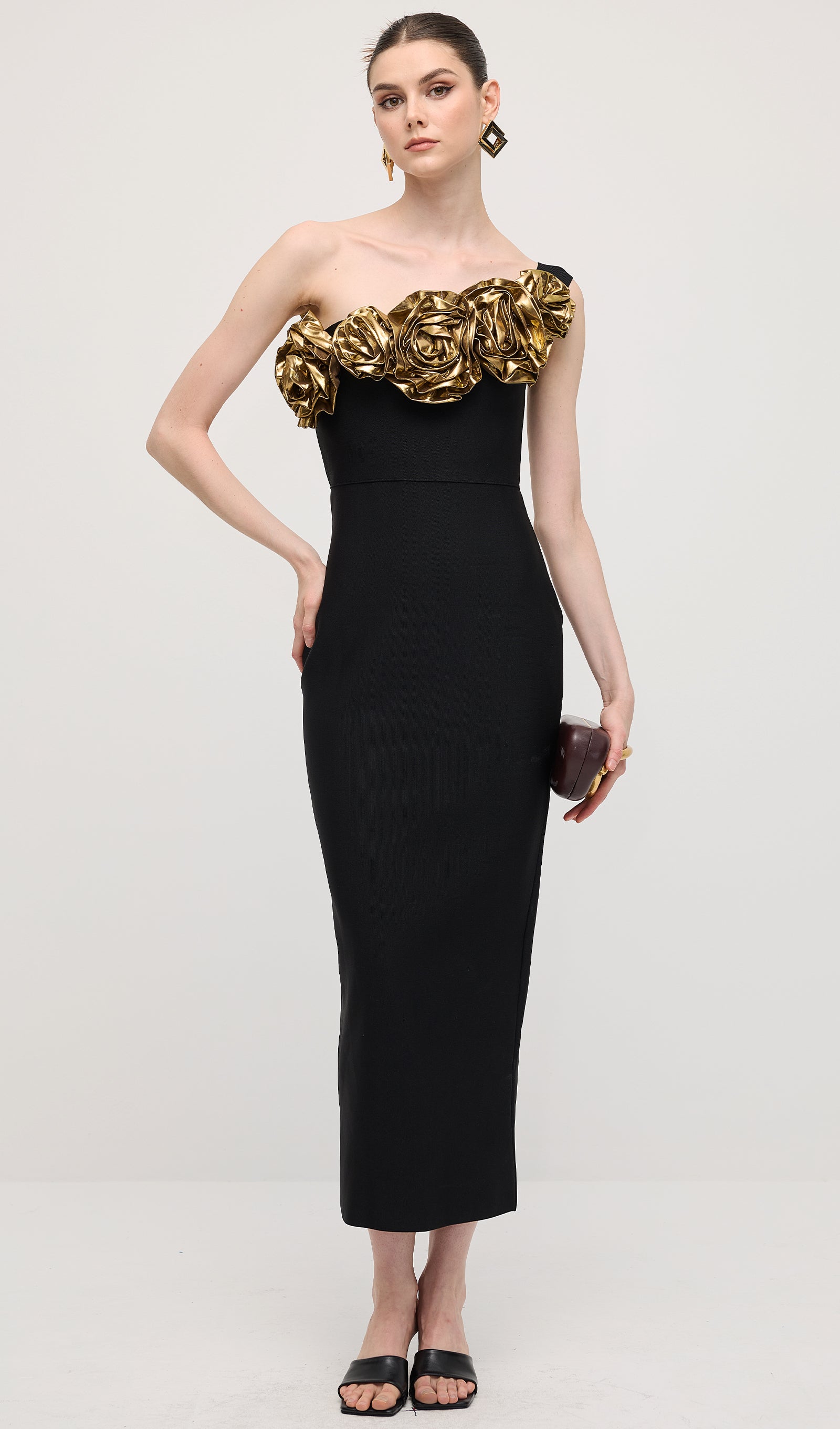 One Shoulder Rose Bodycon Maxi Dress