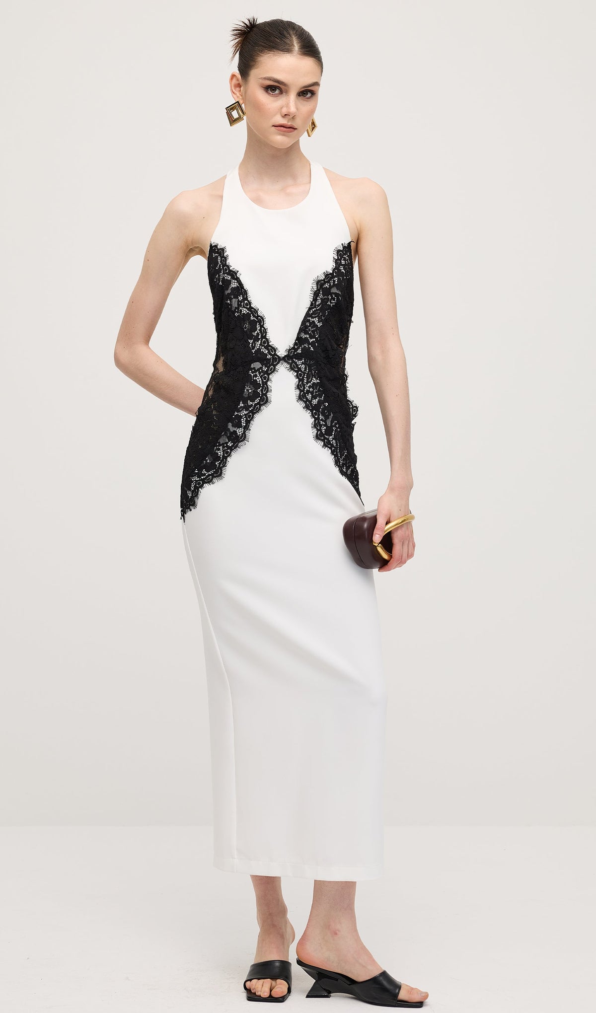 Open Back Maxi Dress In Crepe & Lace