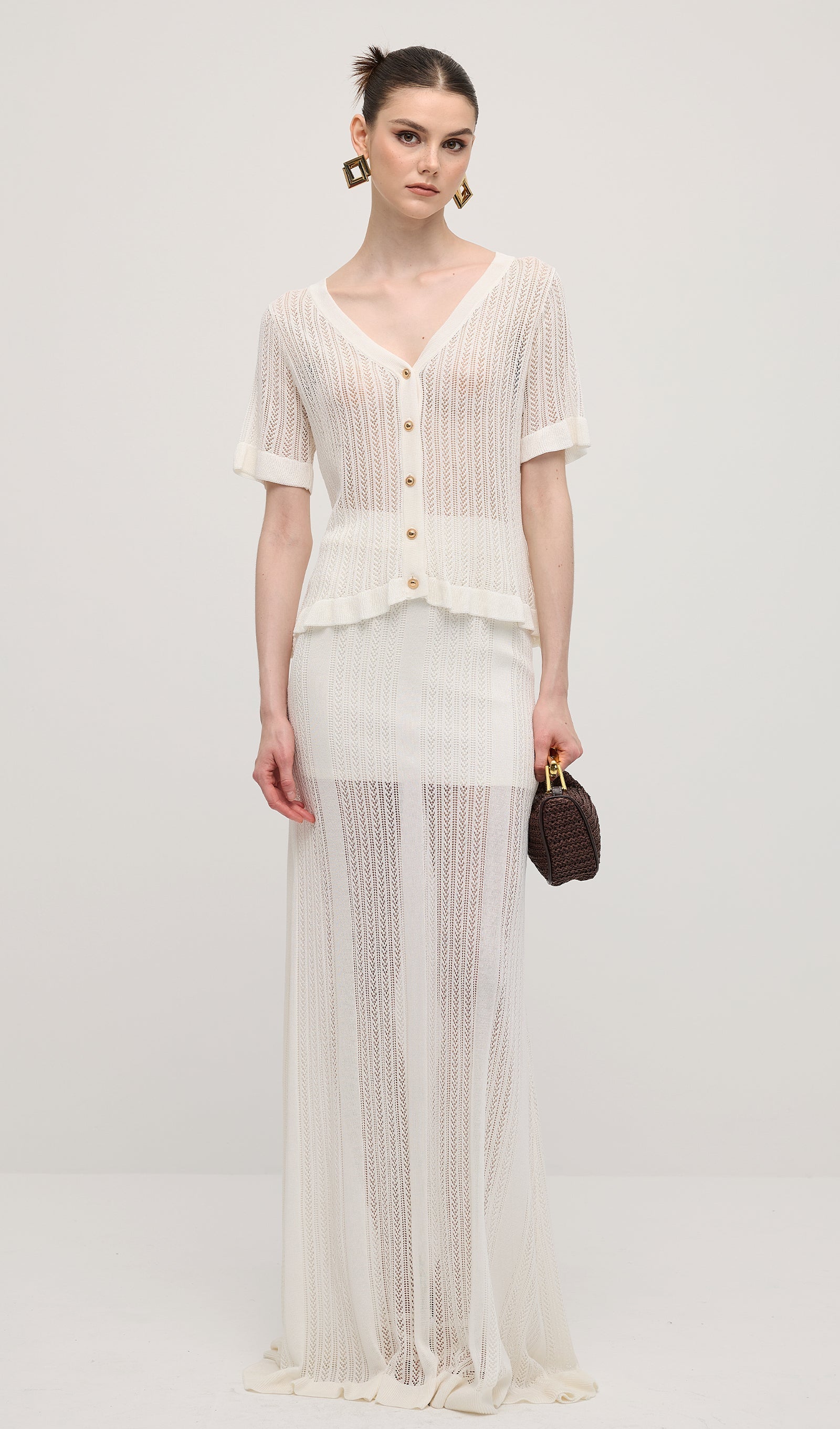 Openwork Jersey Maxi Skirt Sets In White