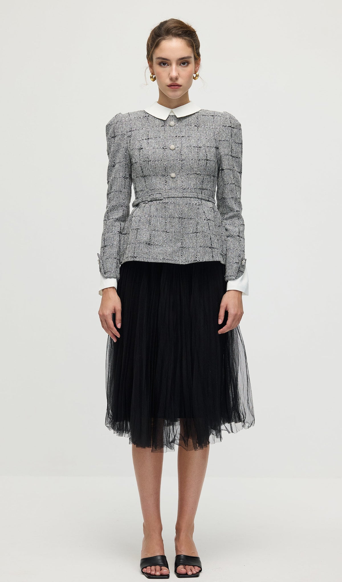 Peplum Tweed Top & Mesh Midi Skirt Set