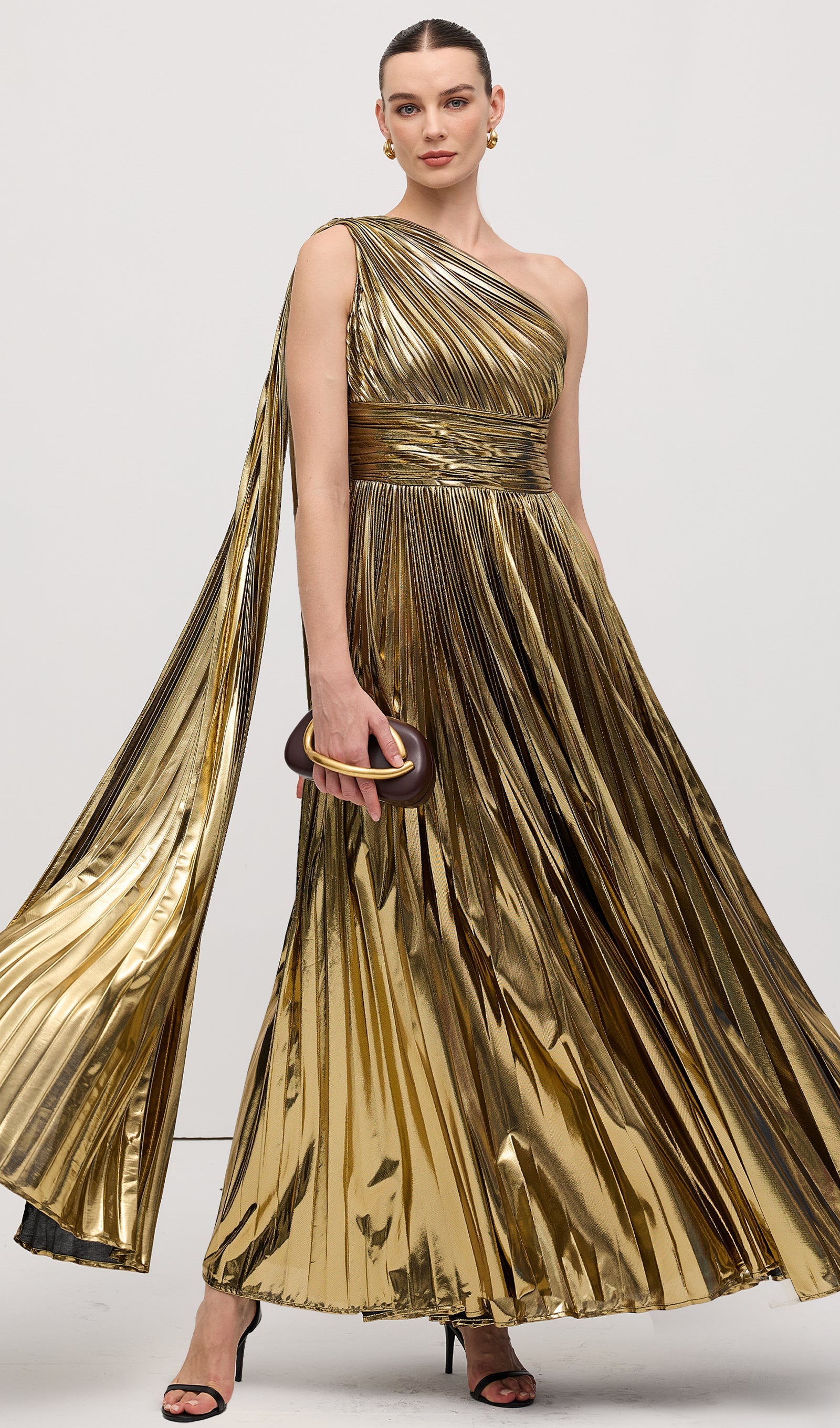 Pleated Metallic One Shoulder Maxi Dress