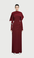 Asymmetrical Draped Shoulder Pleat Maxi Dress Red