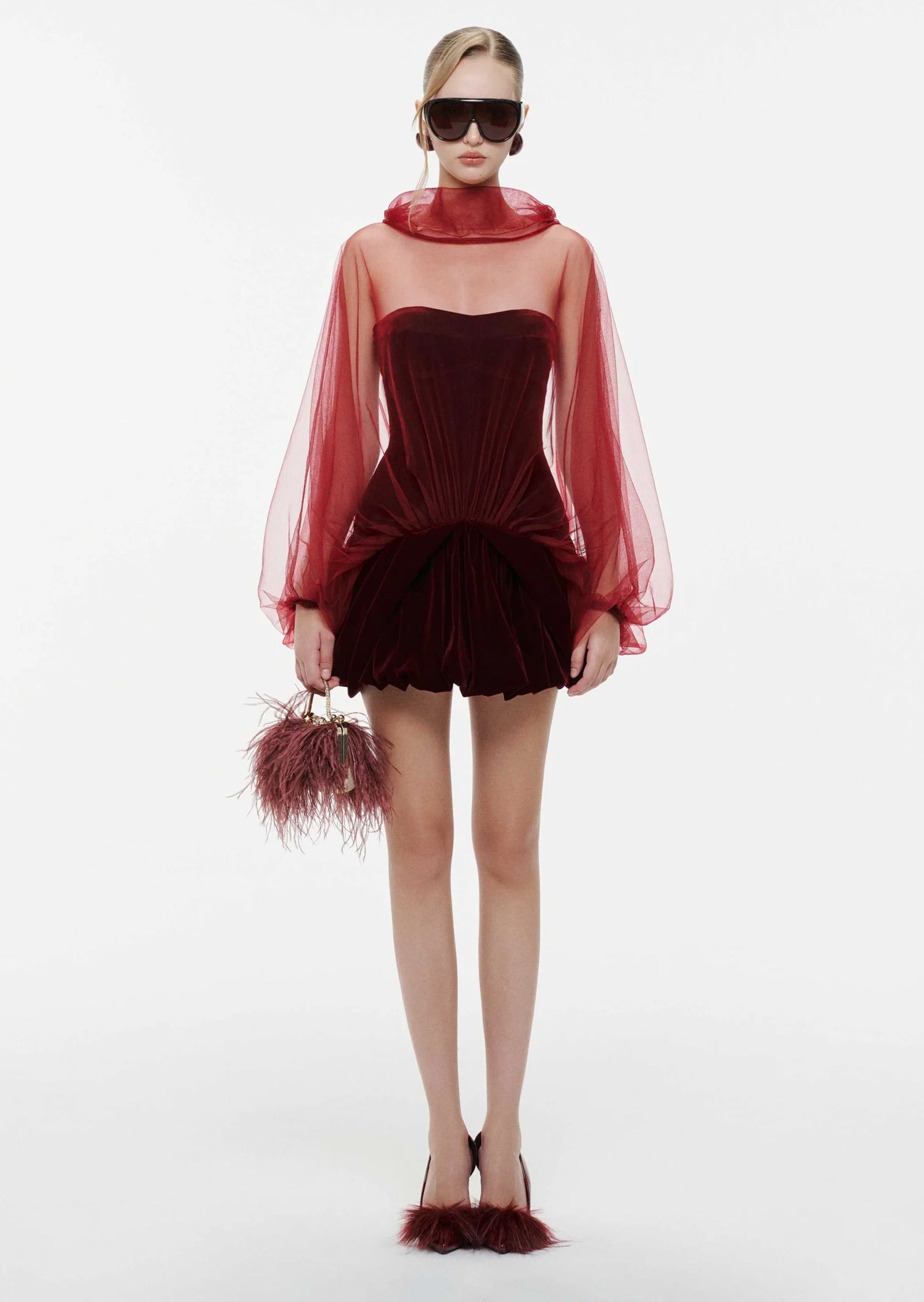 Velvet Panelled Cape Mini Dress In Red