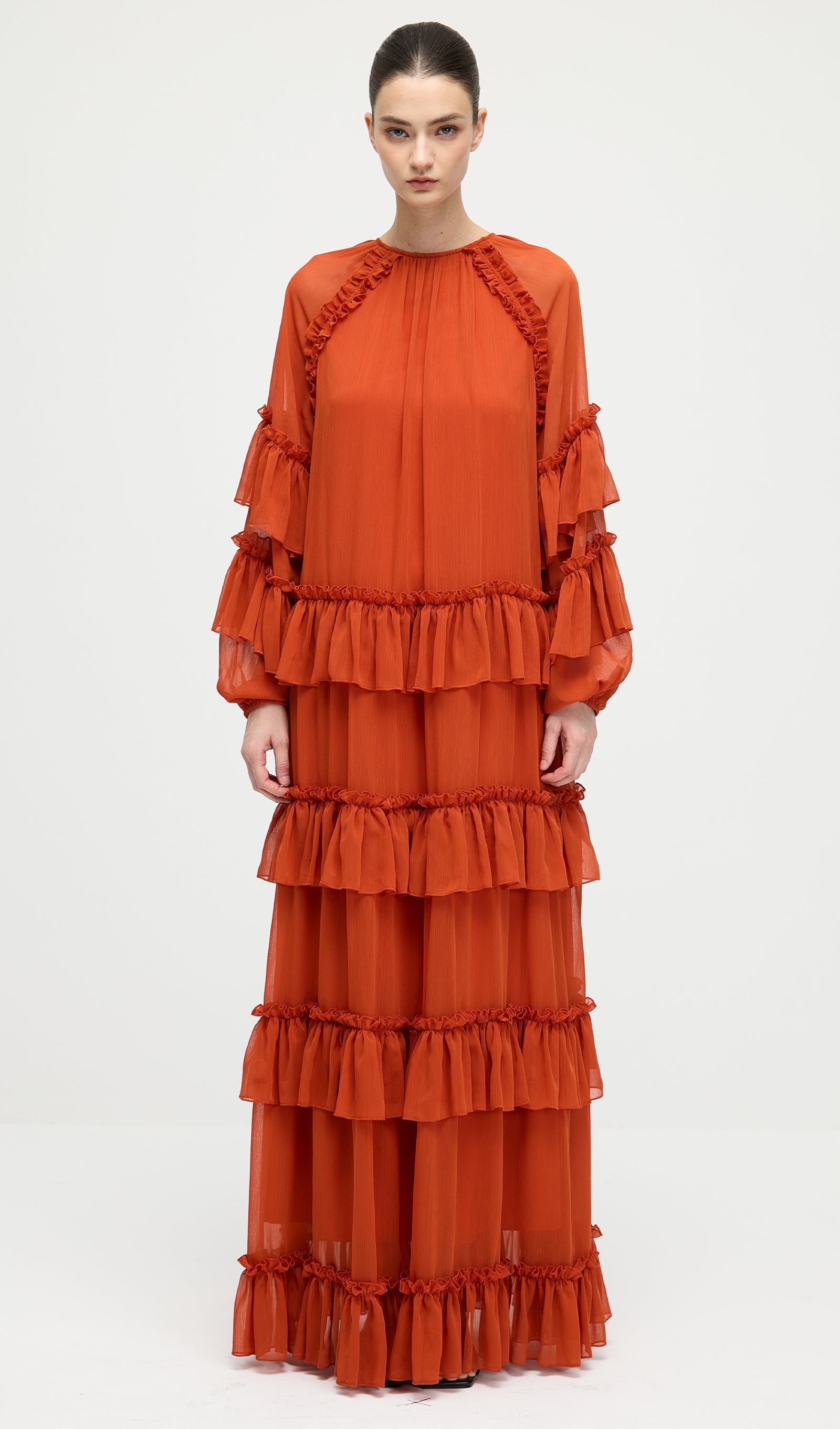 Ruffle Tiered Puff Sleeve Maxi Dress