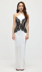 Satin And Lace Corset Midi Dress In White