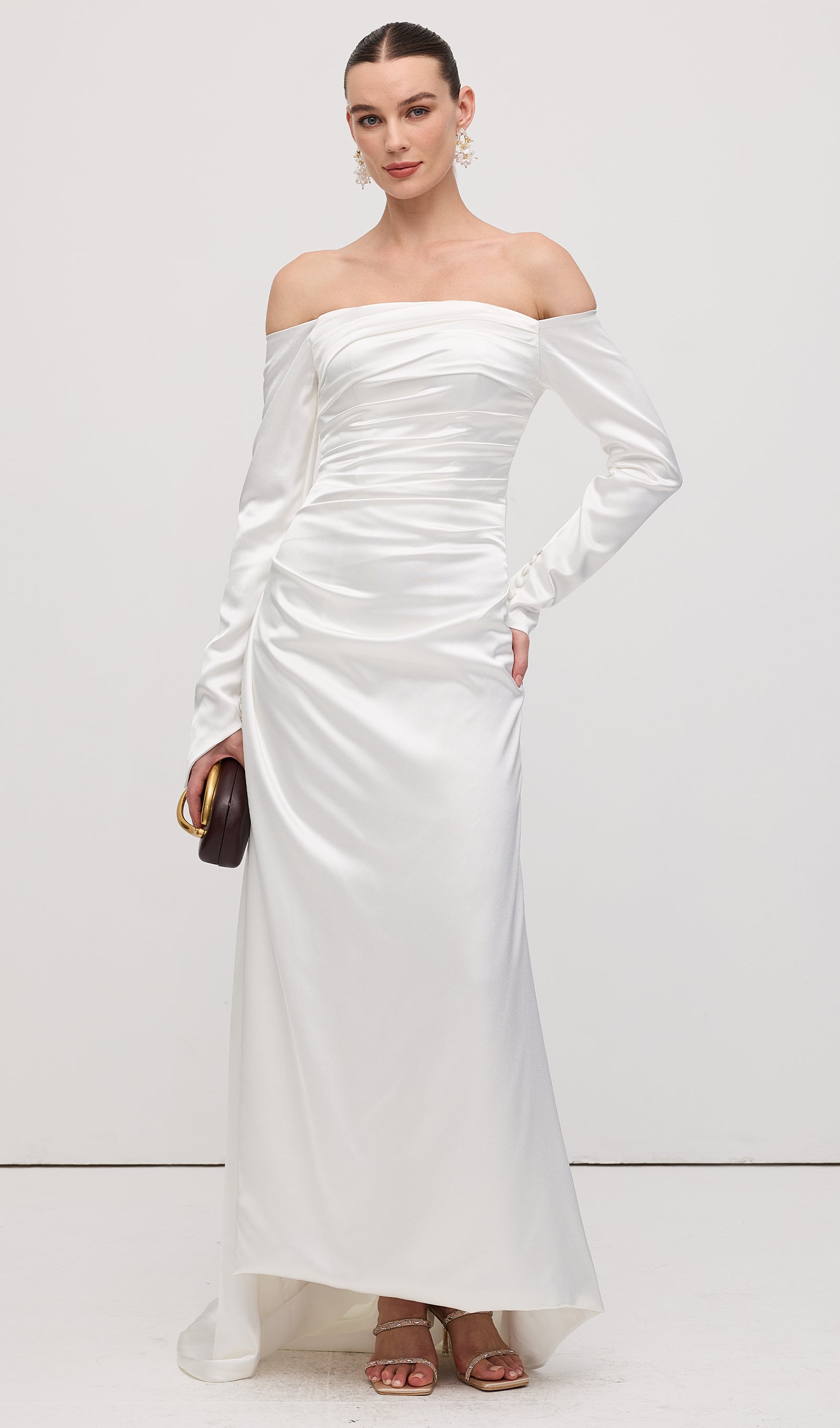 Satin Off Shoulder Ruched Maxi Dress