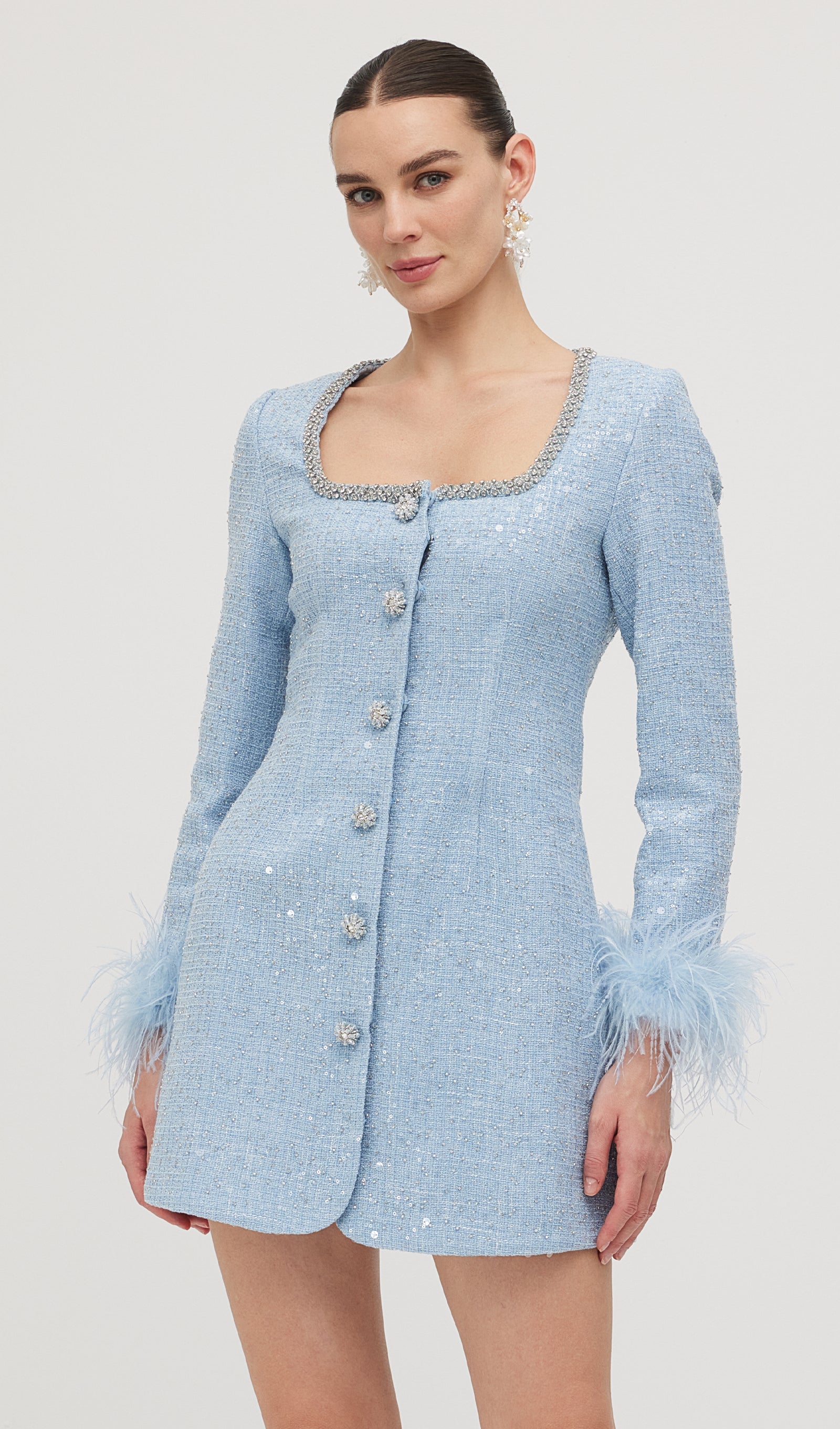 Sequin Boucle Feather Mini Dress