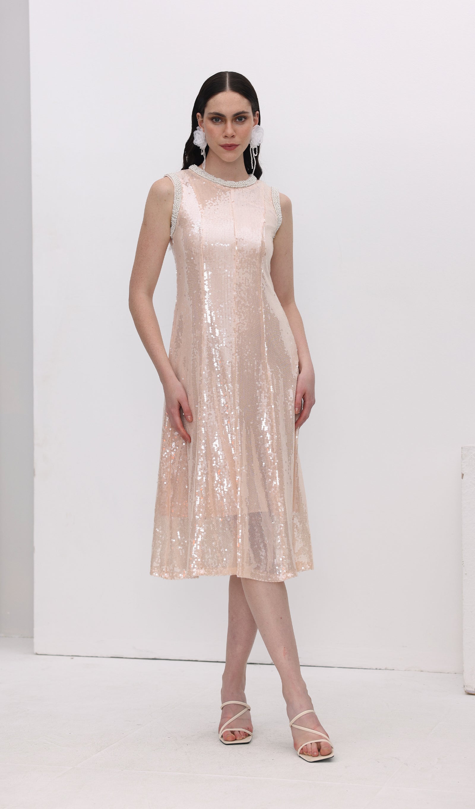 Sequin Embellished Pearl Trim Midi Dress