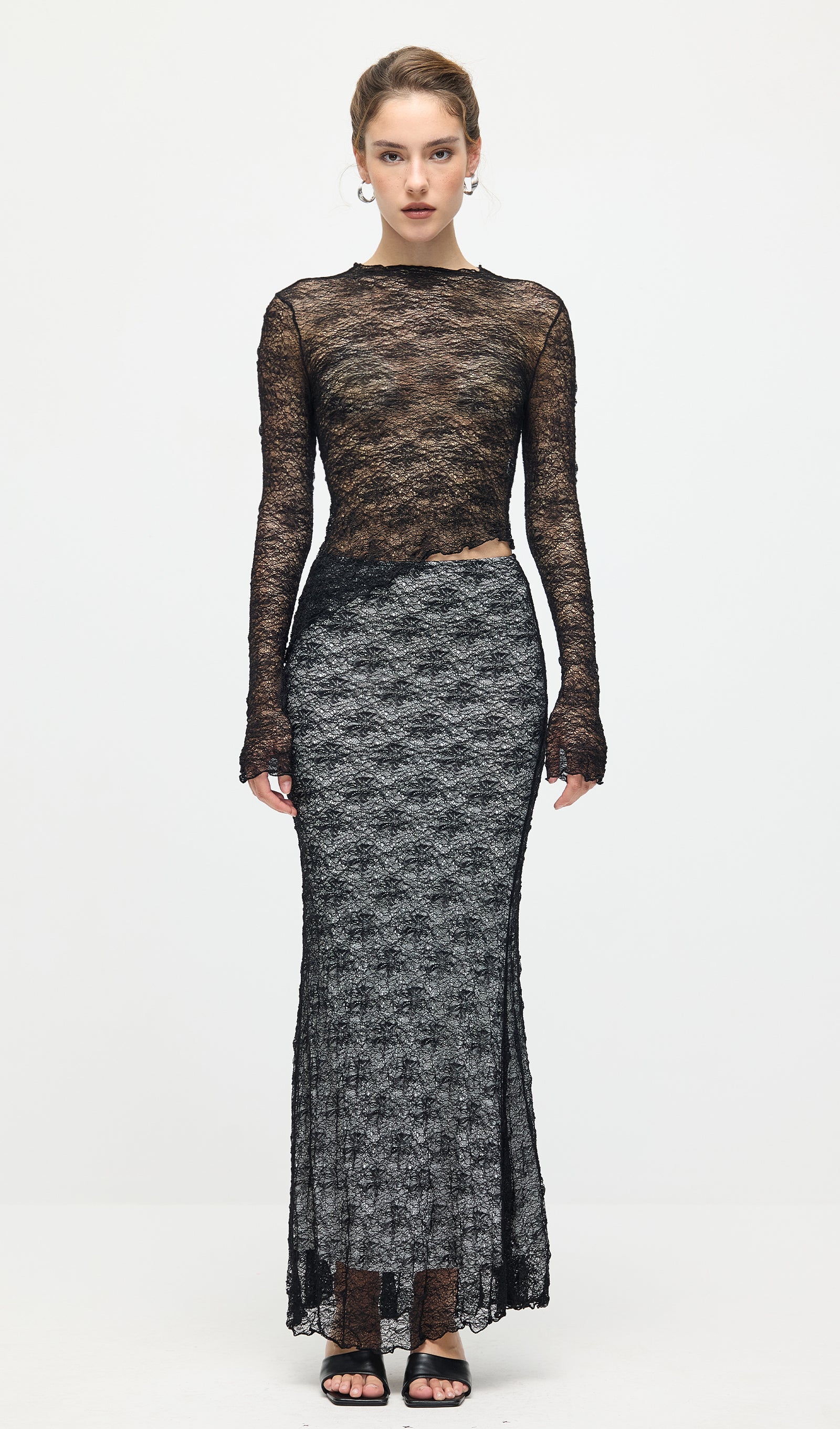Sheer Lace Top & Maxi Skirt Sets In Black