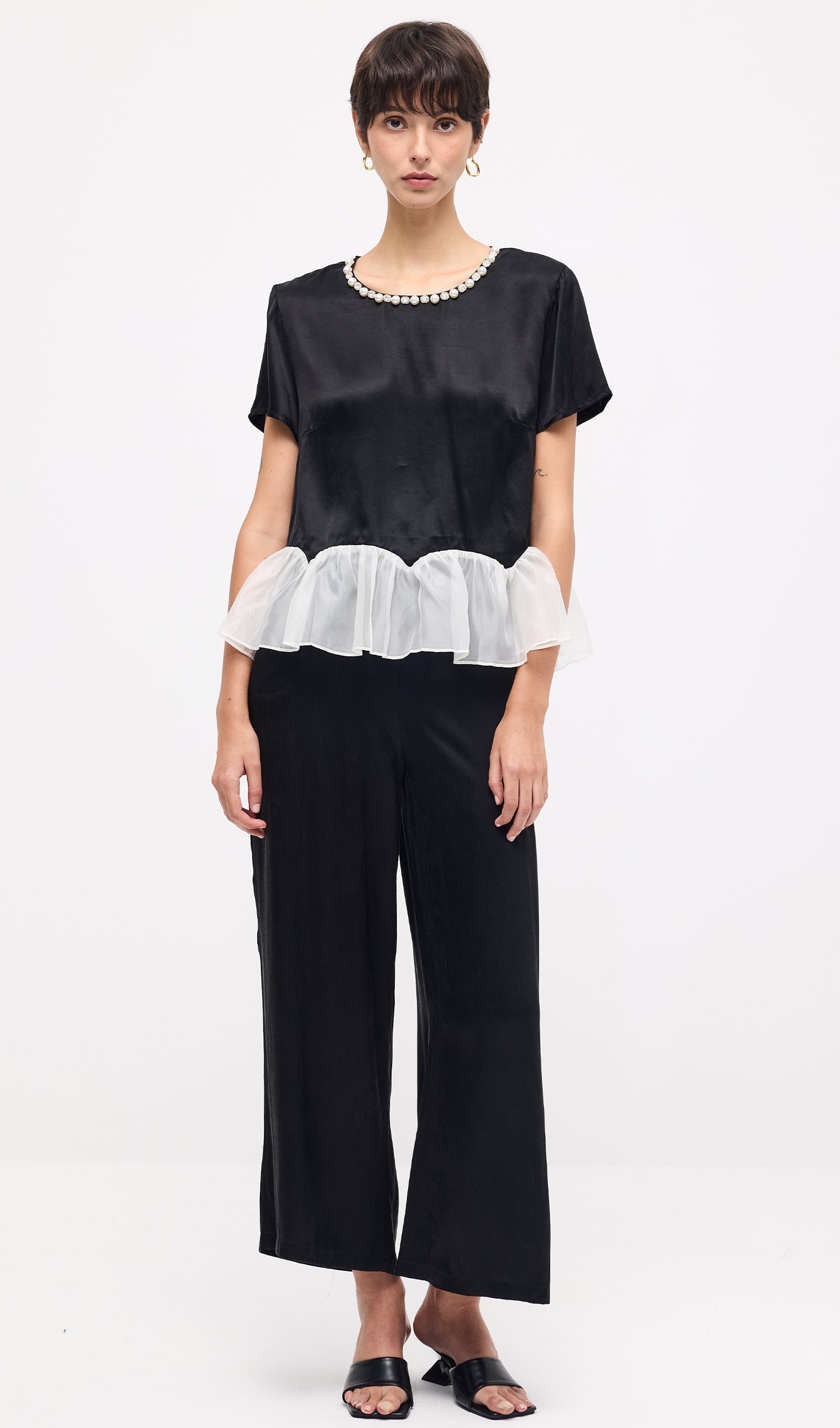 Short Sleeve Top & Maxi Pants Set In Black