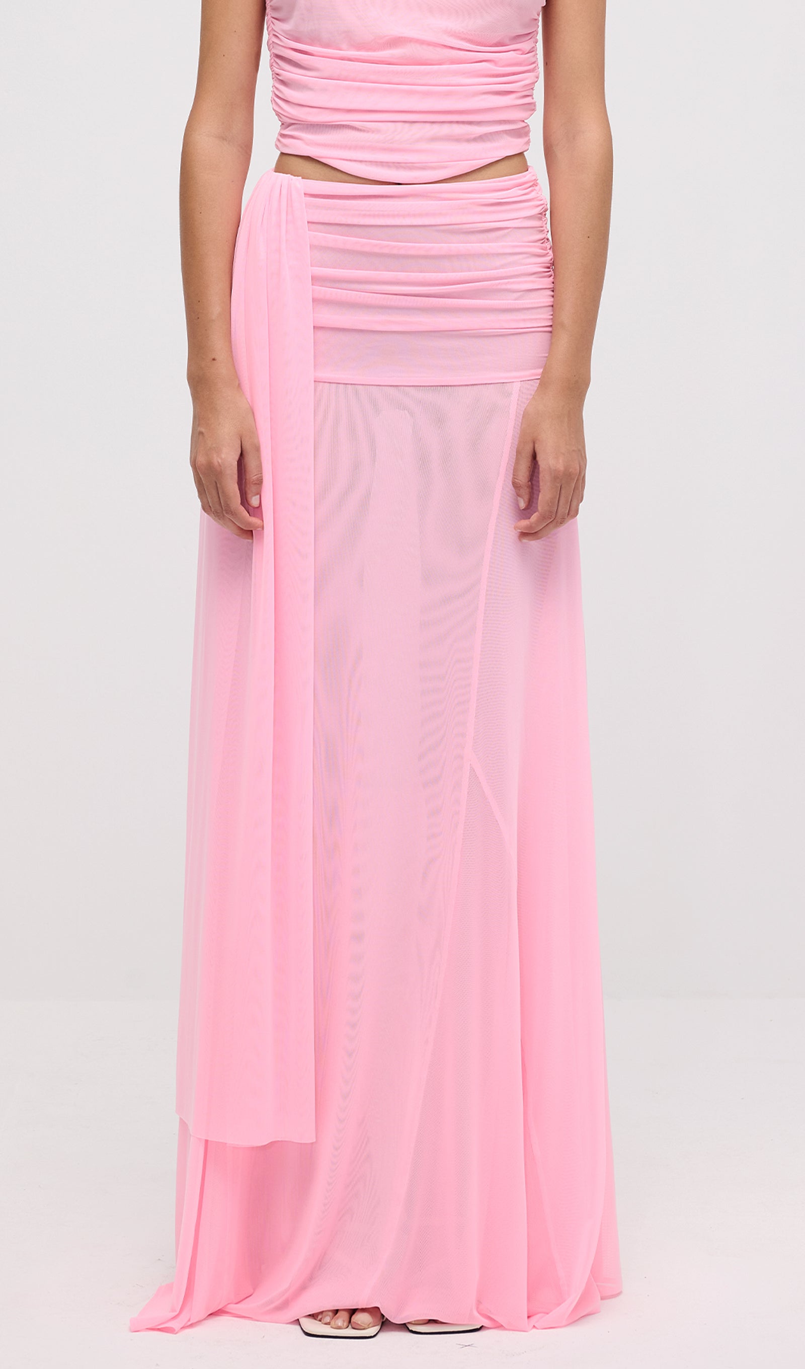 Mesh Top & Maxi Skirt In Pink