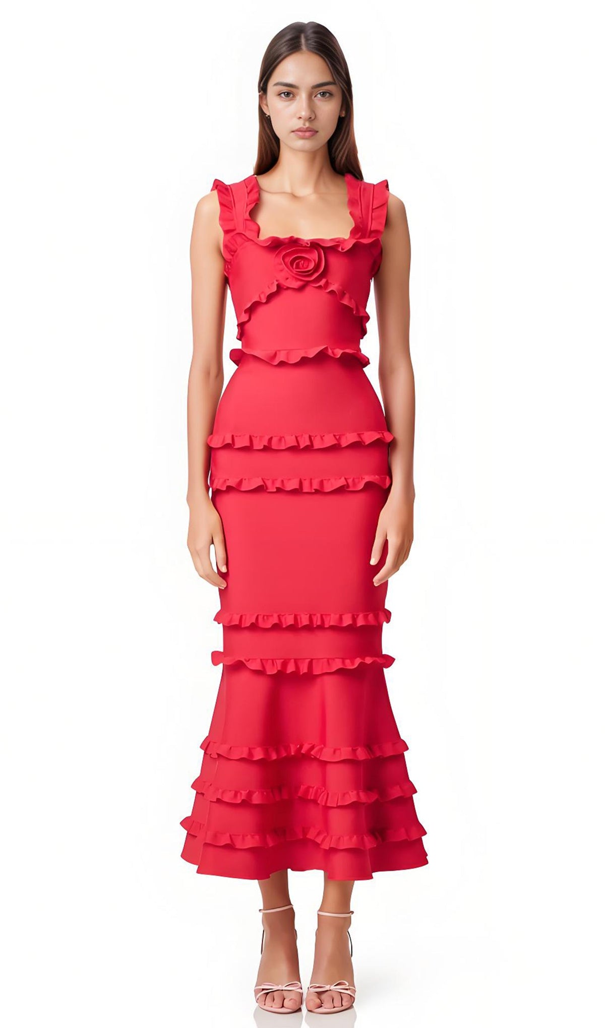 Sleeveless Frill Maxi Dress In Red