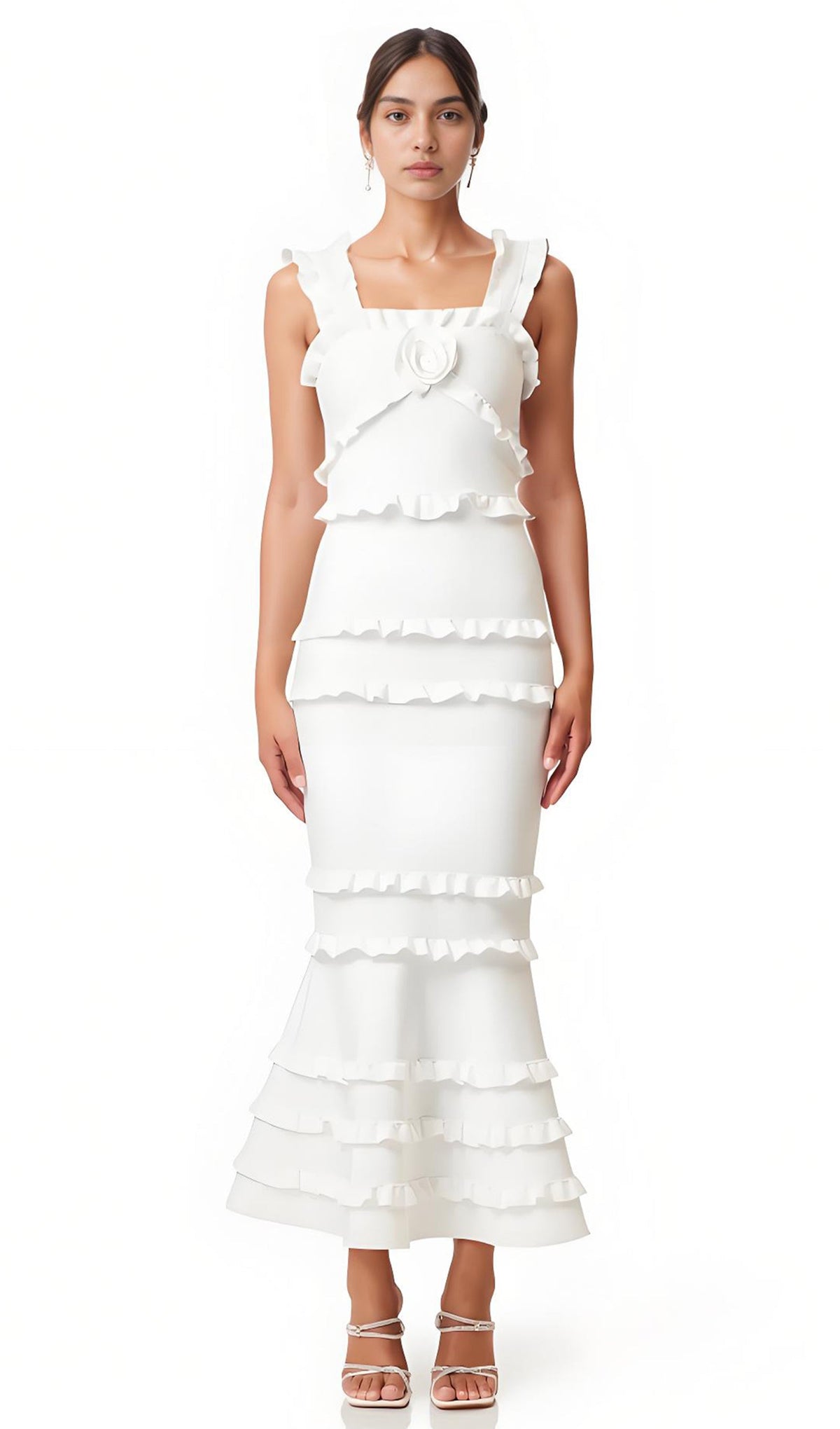 Sleeveless Frill Maxi Dress In White