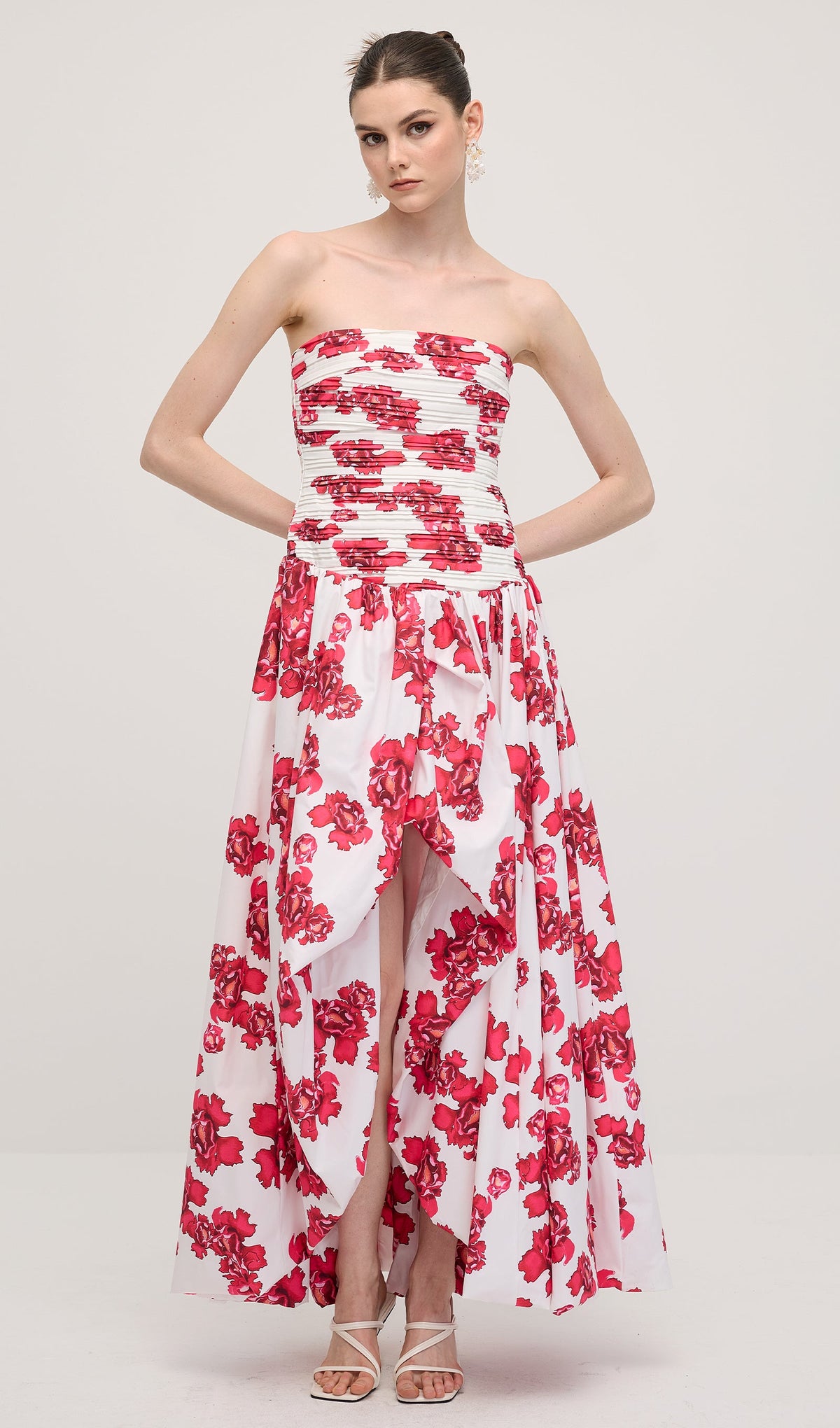 Sleeveless Ruched Draped Split Maxi Dress In Red Print