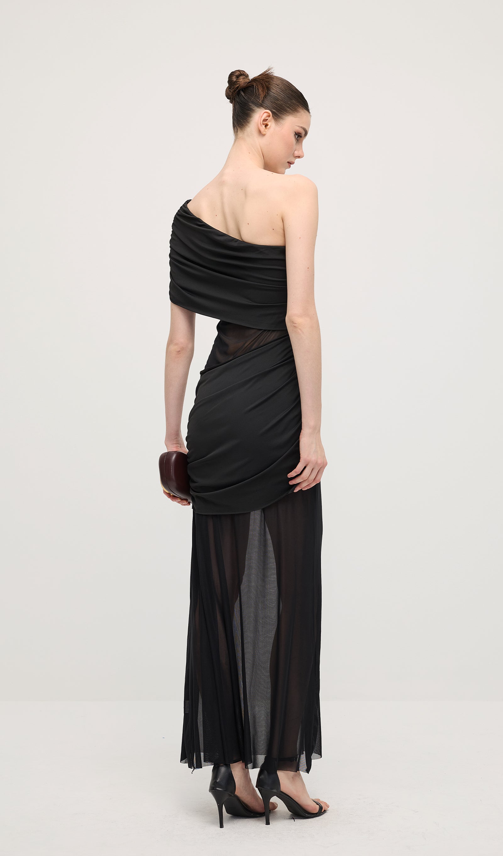 One Shoulder Mesh Maxi Dress In Black