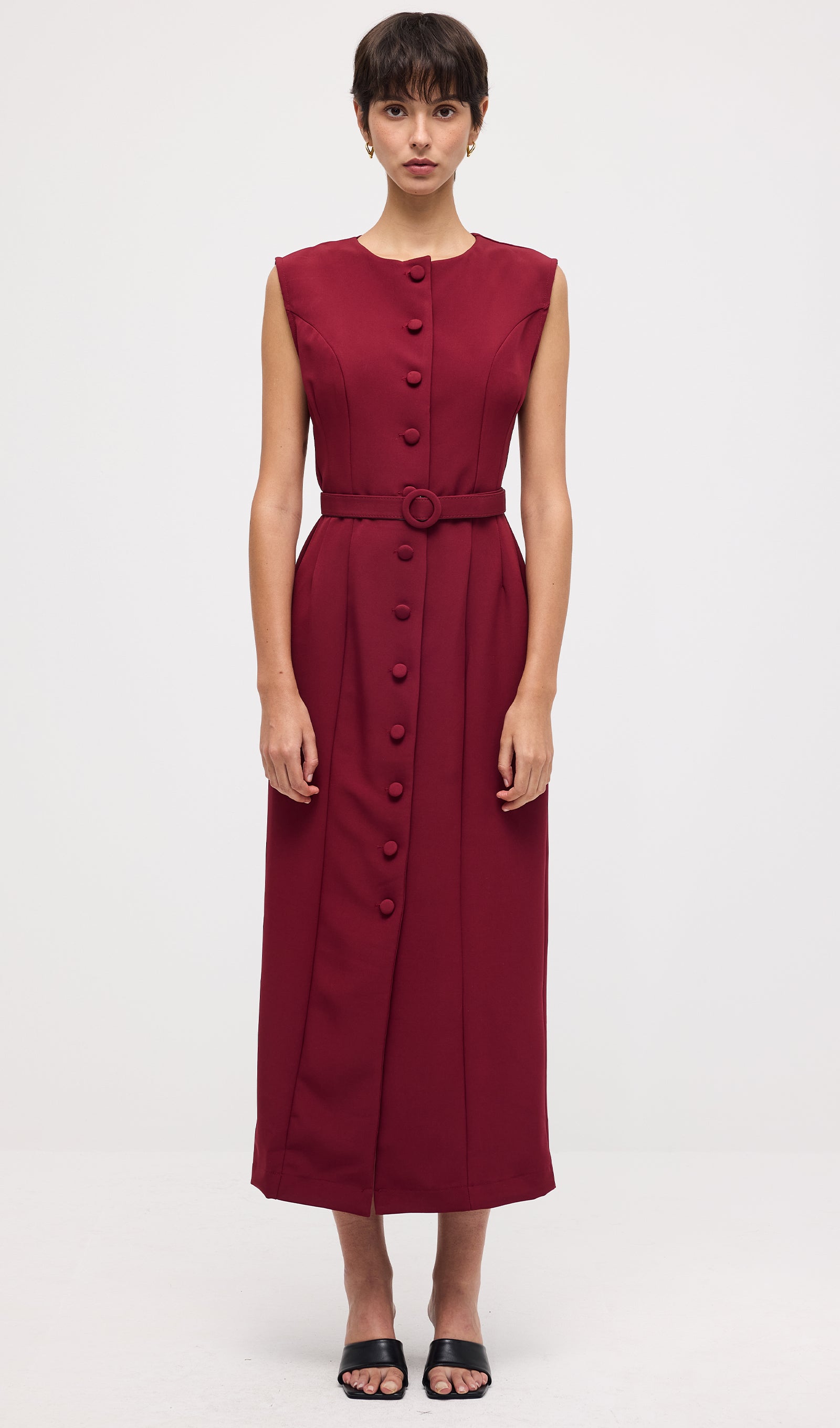 Sleeveless Shift Midi Dress With Belt