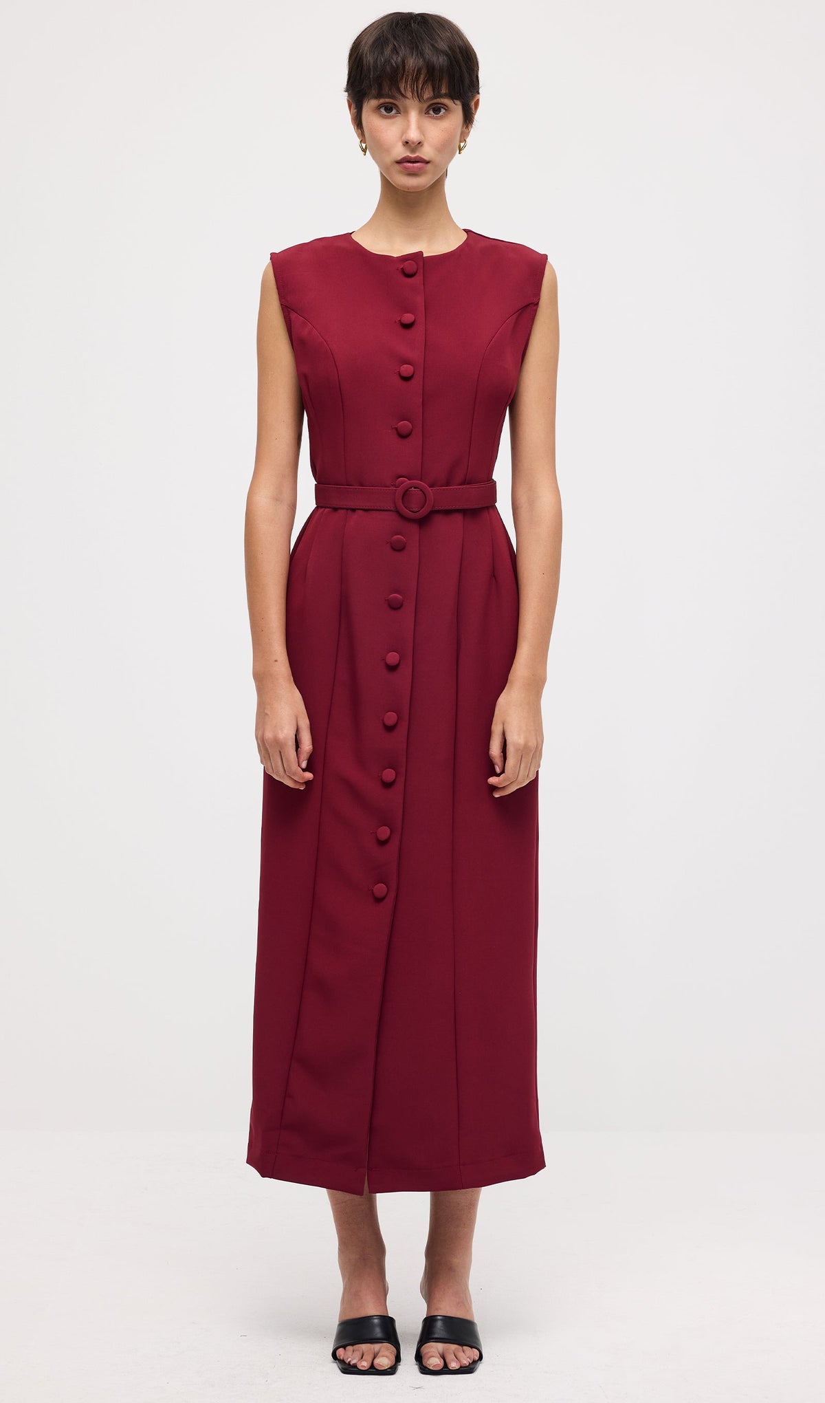 Sleeveless Shift Midi Dress With Belt
