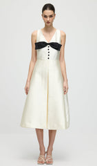 Sleeveless V Neck Bow Midi Dress In White