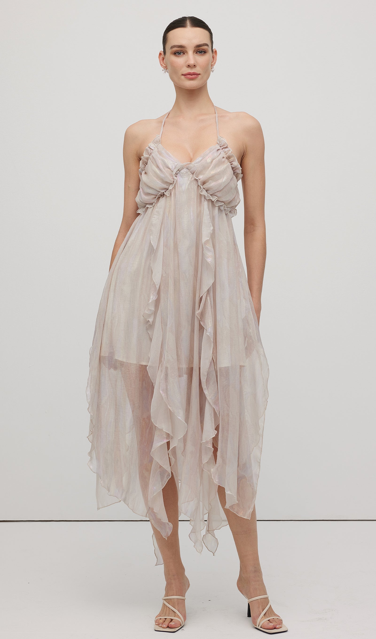 Halter Tulle Pleated Midi Dress In Pink