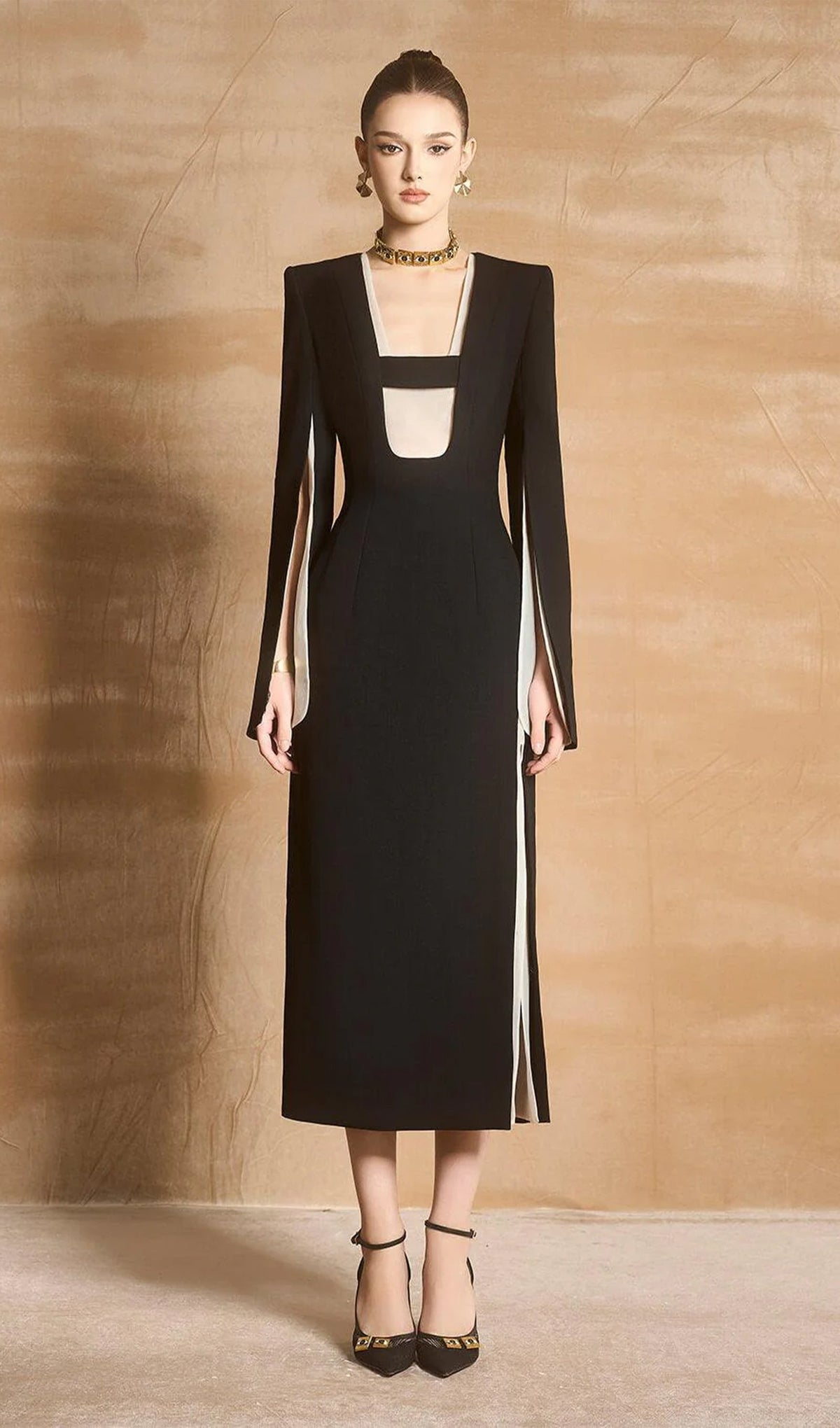 Slit Square Shoulder Midi Dress