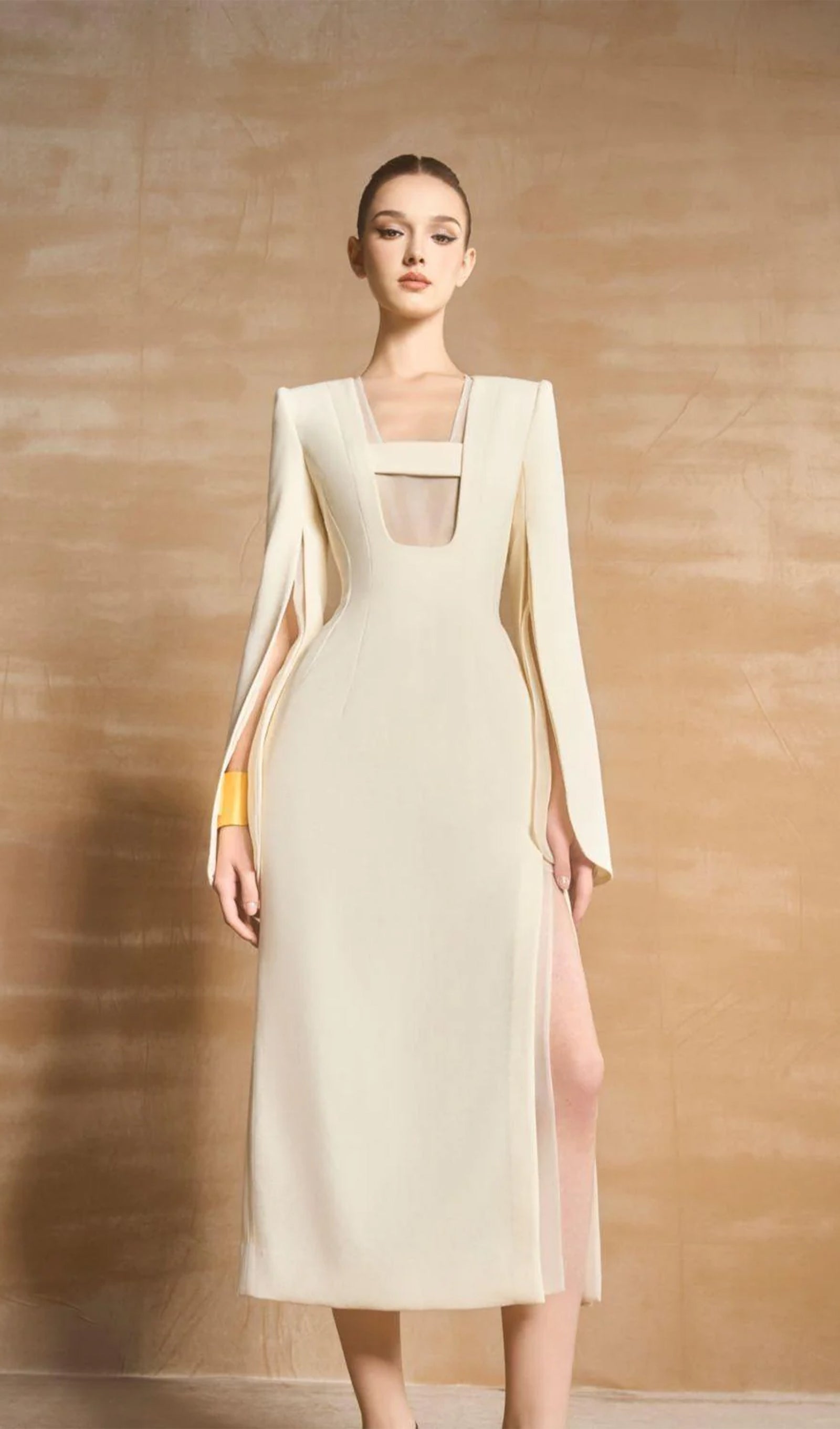 Slit Square Shoulder Midi Dress