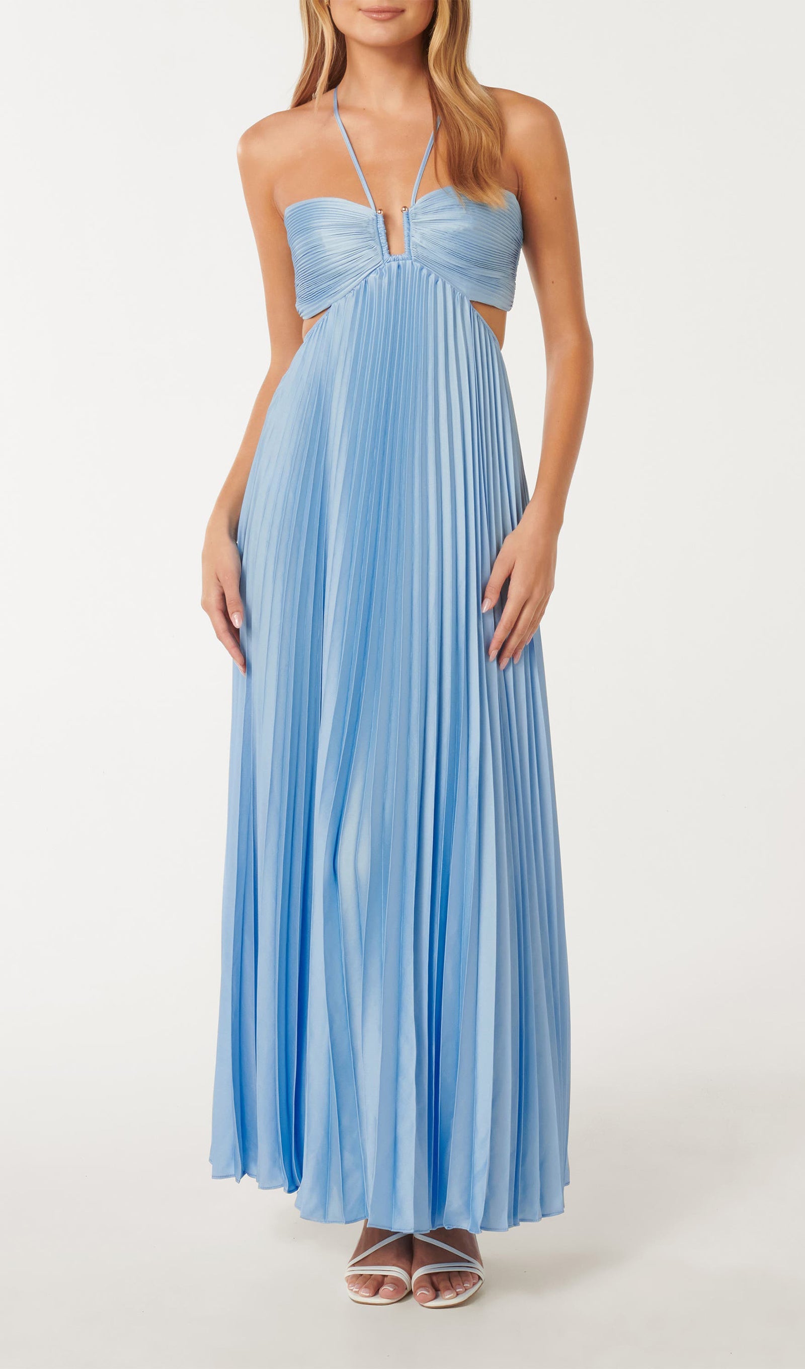 Solid Cut Out Tie Back Plisse Maxi Dress