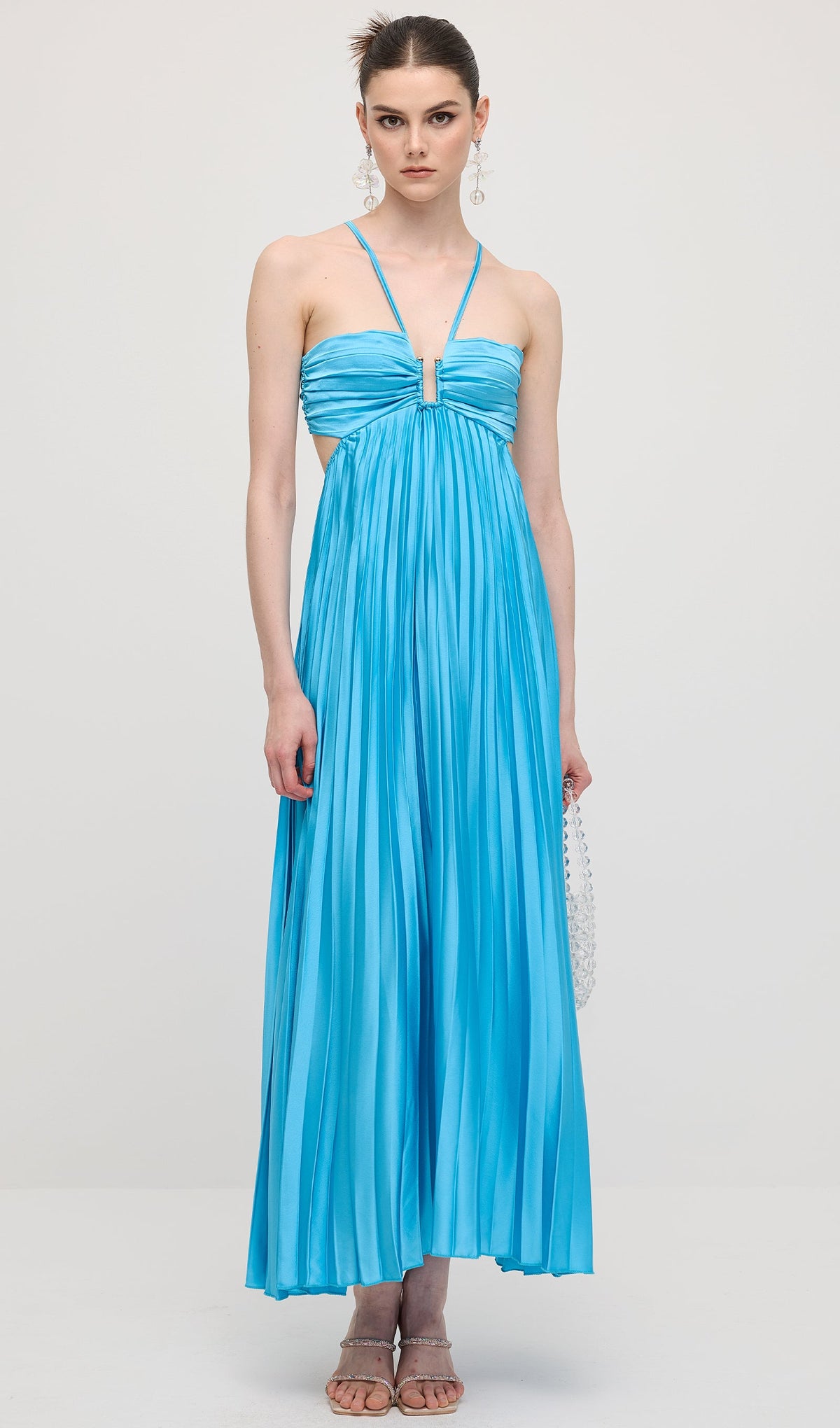 Solid Cut Out Tie Back Plisse Maxi Dress In Blue