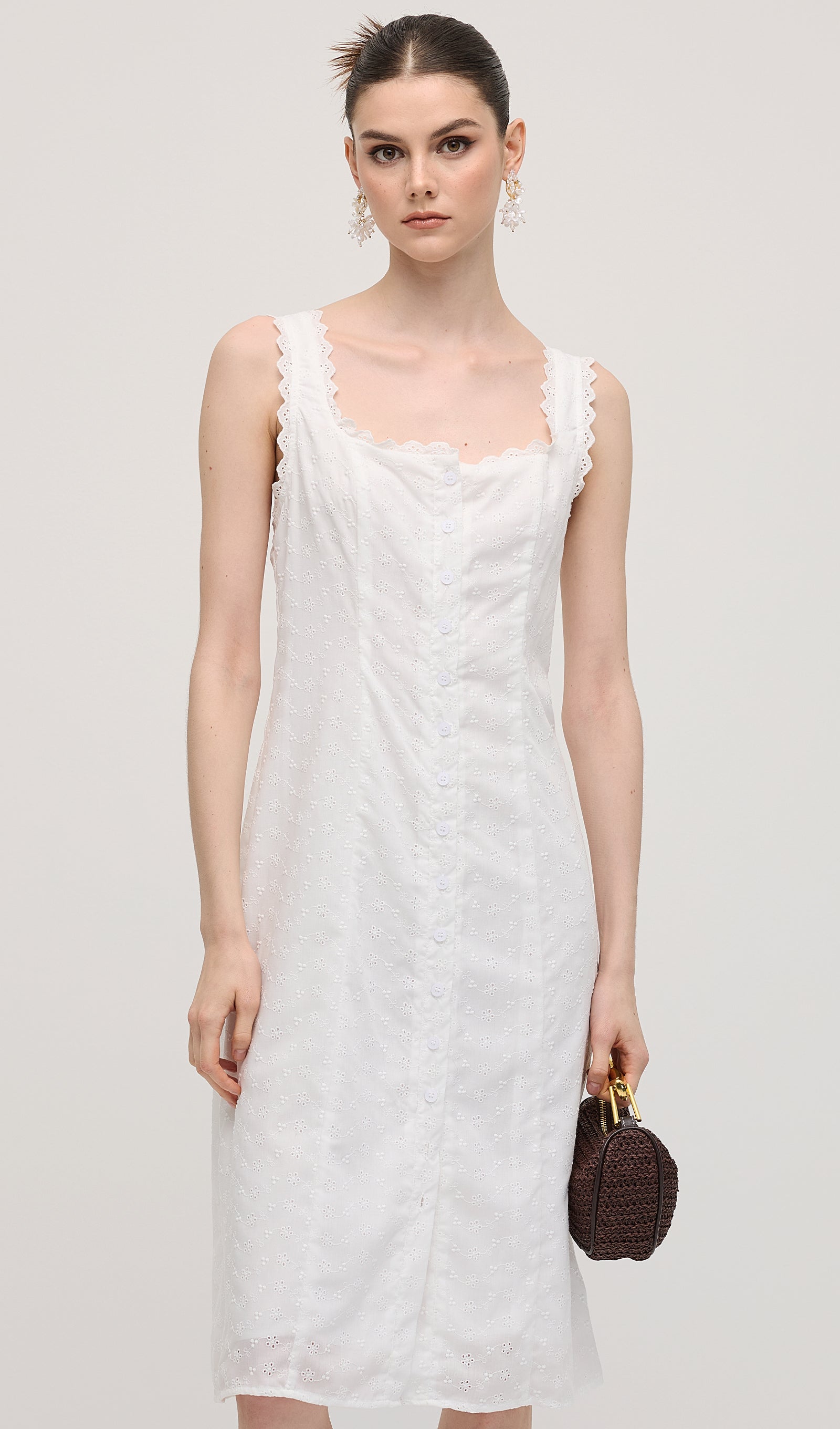 Solid Eyelet Sleeveless Midi Dress