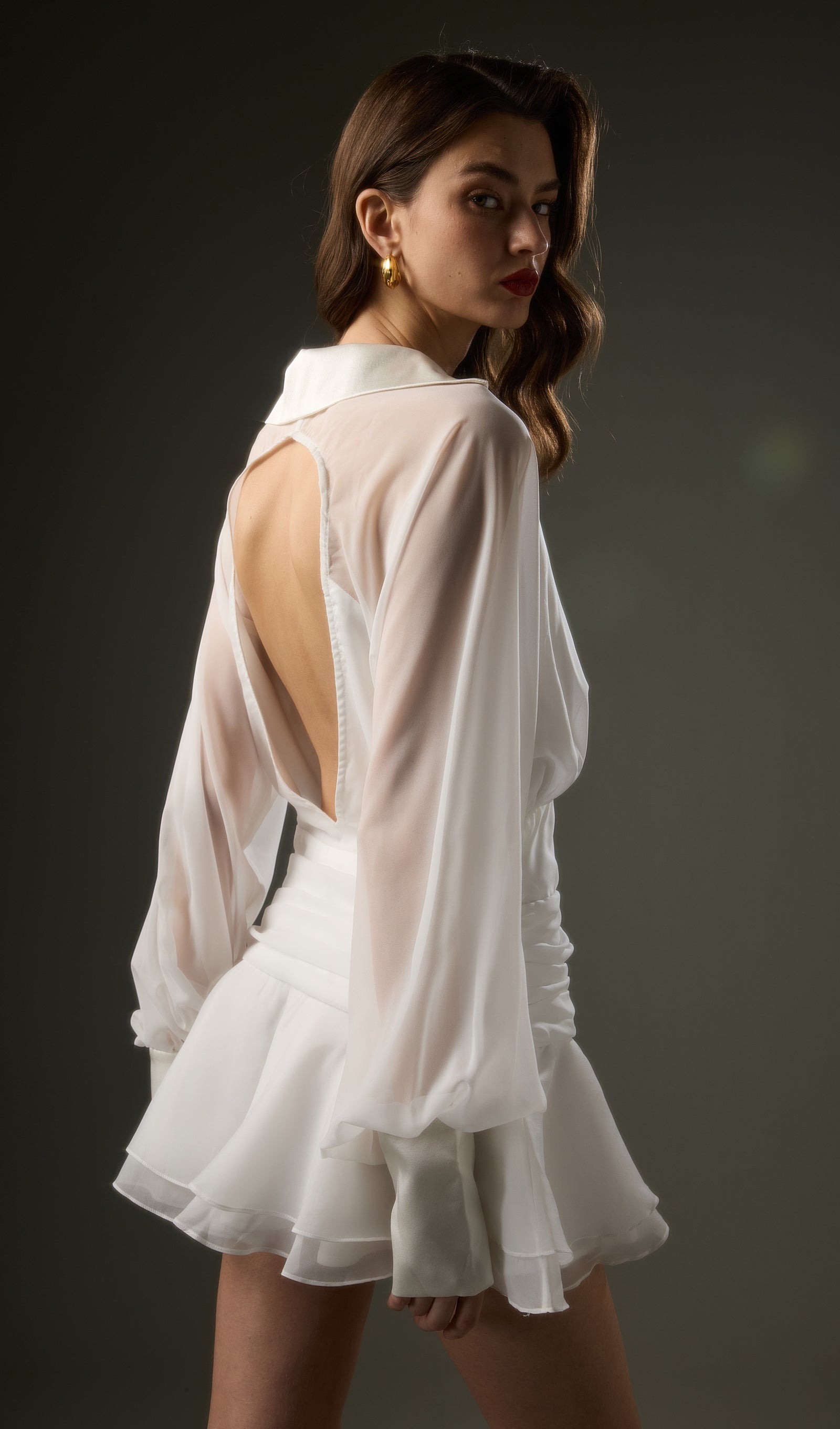 Solid Lantern Sleeve Mini Dress In White