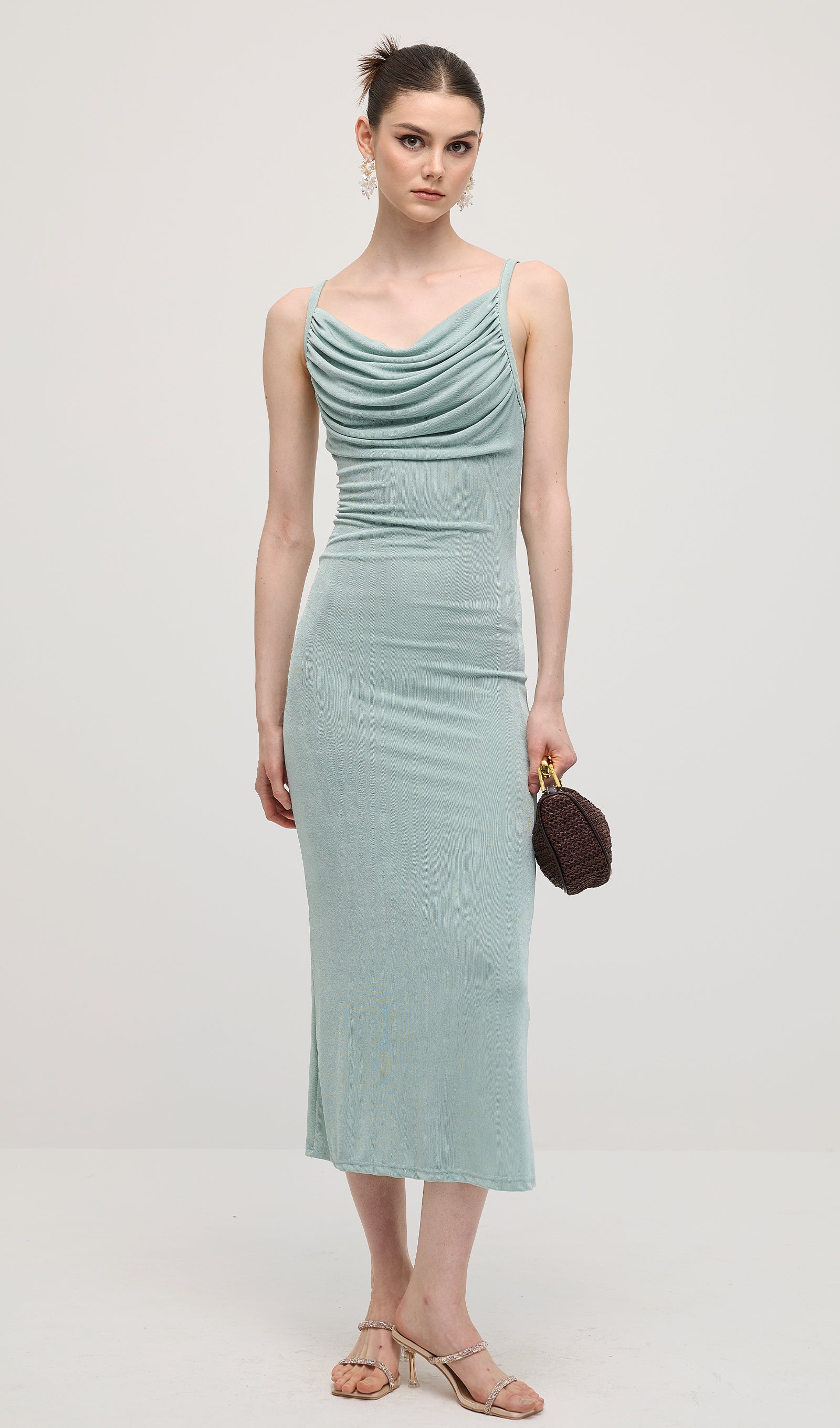 Solid Ruched Sleeveless Midi Dress