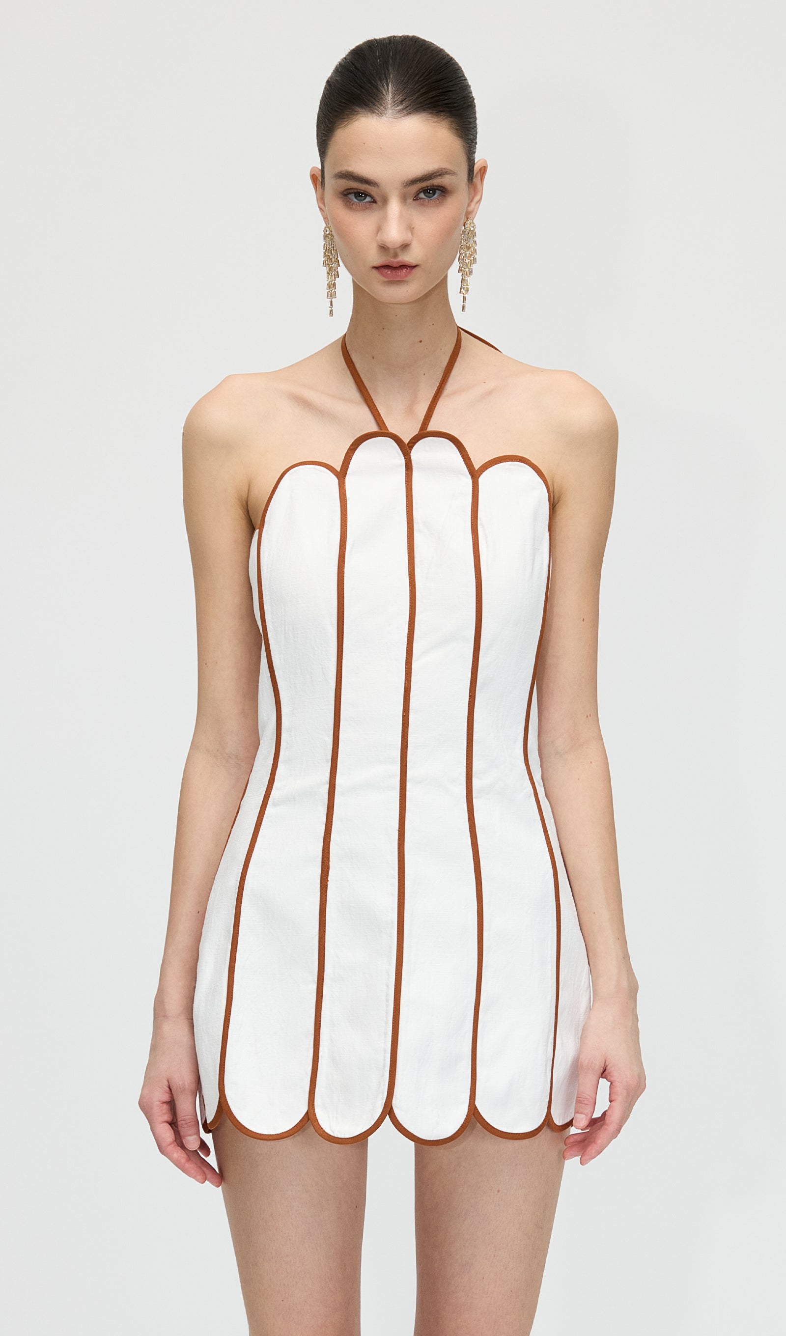 Solid Scalloped Linen Halter Mini Dress