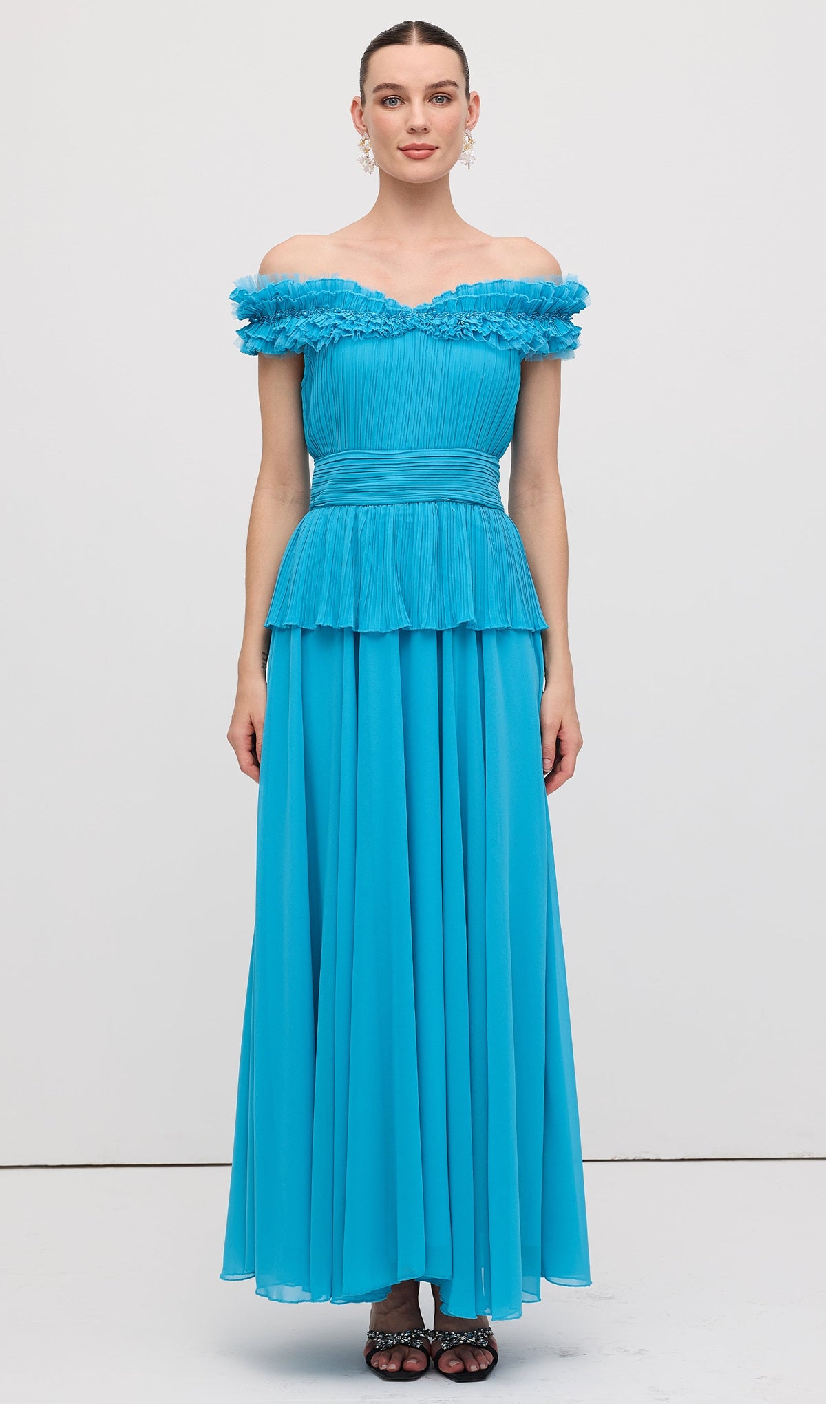 Solid Tiered Pleated Strapless Gown Maxi Dress