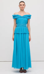 Solid Tiered Pleated Strapless Gown Maxi Dress