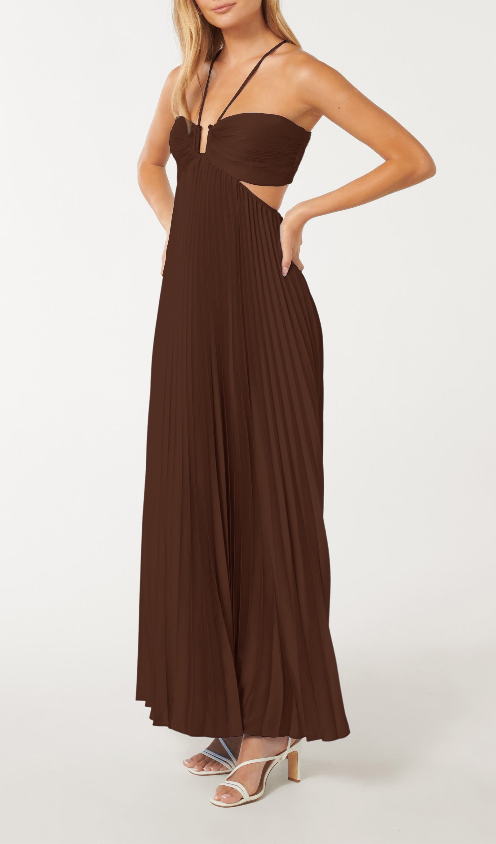 Solid Cut Out Tie Back Plisse Maxi Dress