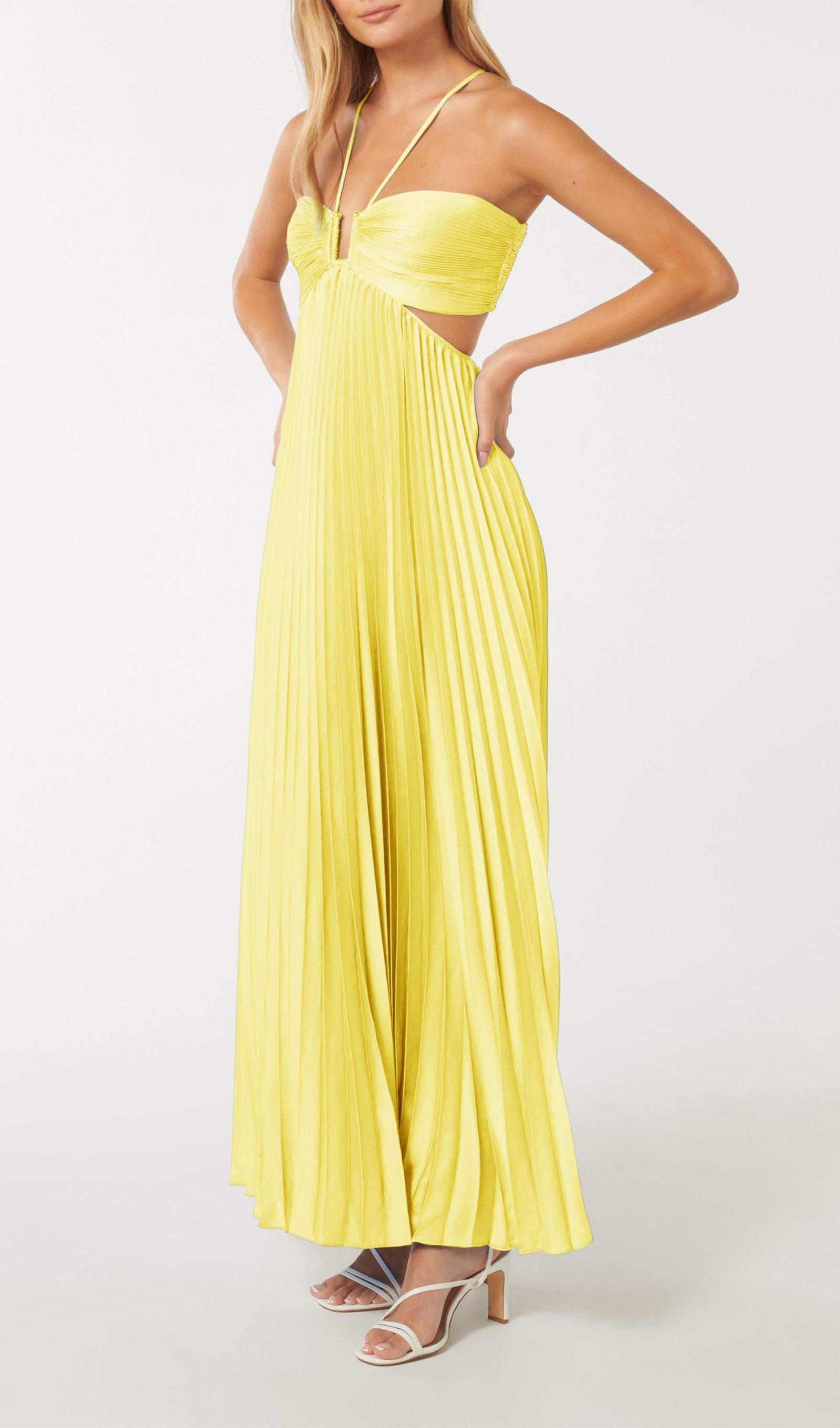 Solid Cut Out Tie Back Plisse Maxi Dress