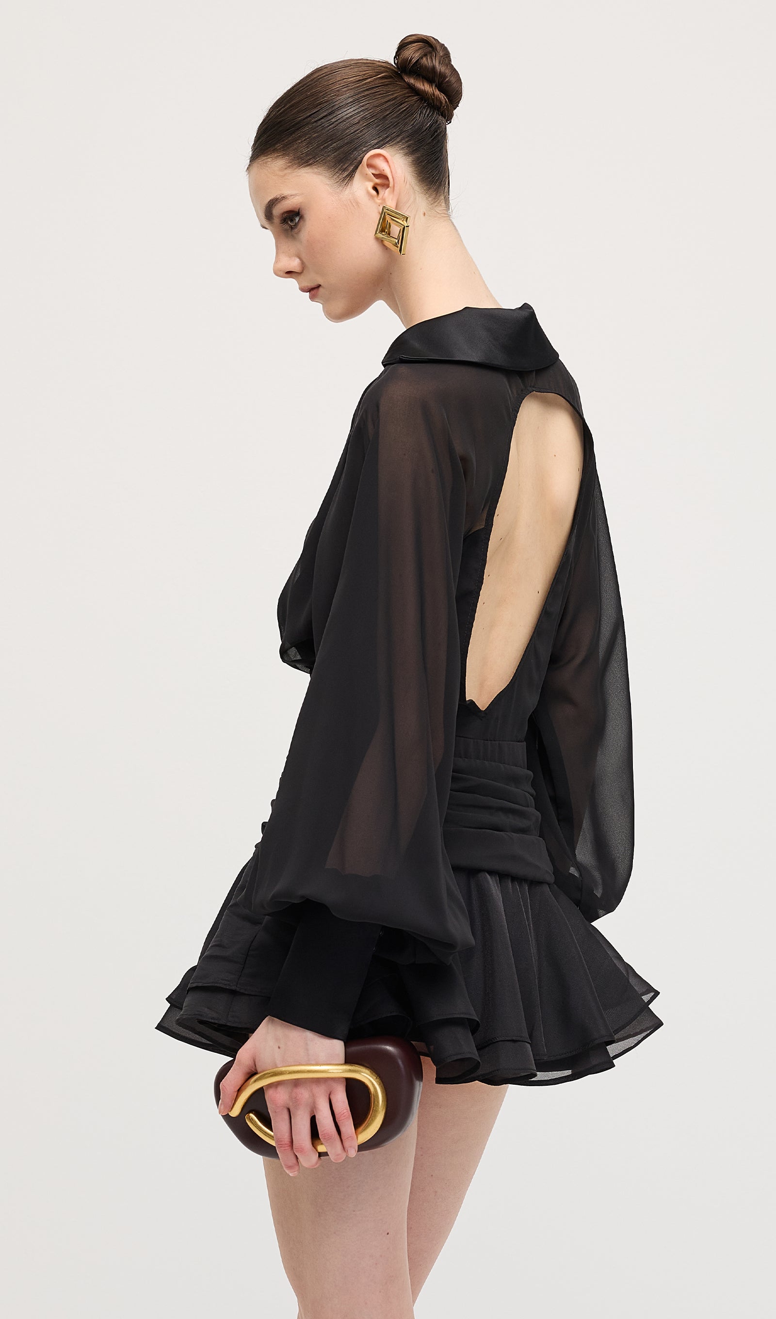 Solid Lantern Sleeve Mini Dress Black