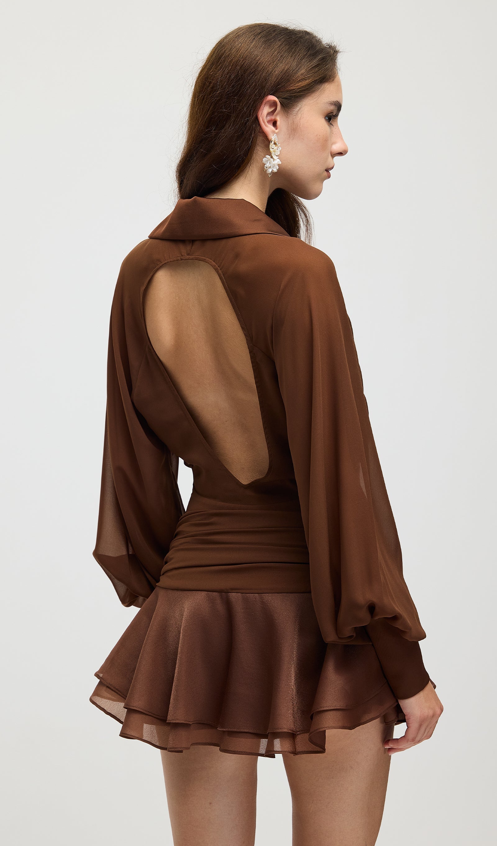 Solid Lantern Sleeve Mini Dress In Coffee