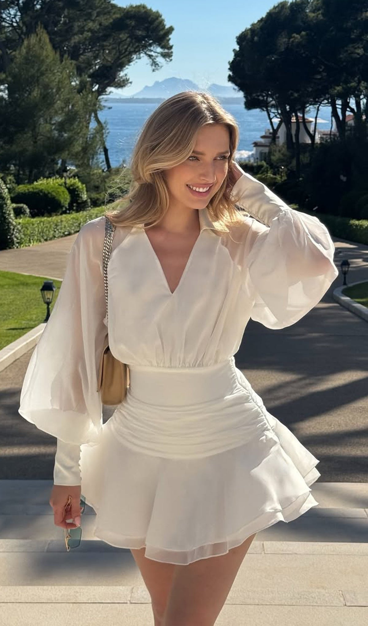 Solid Lantern Sleeve Mini Dress In White