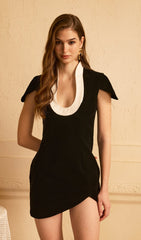 Solid Velvet U Neck Mini Dress In Black