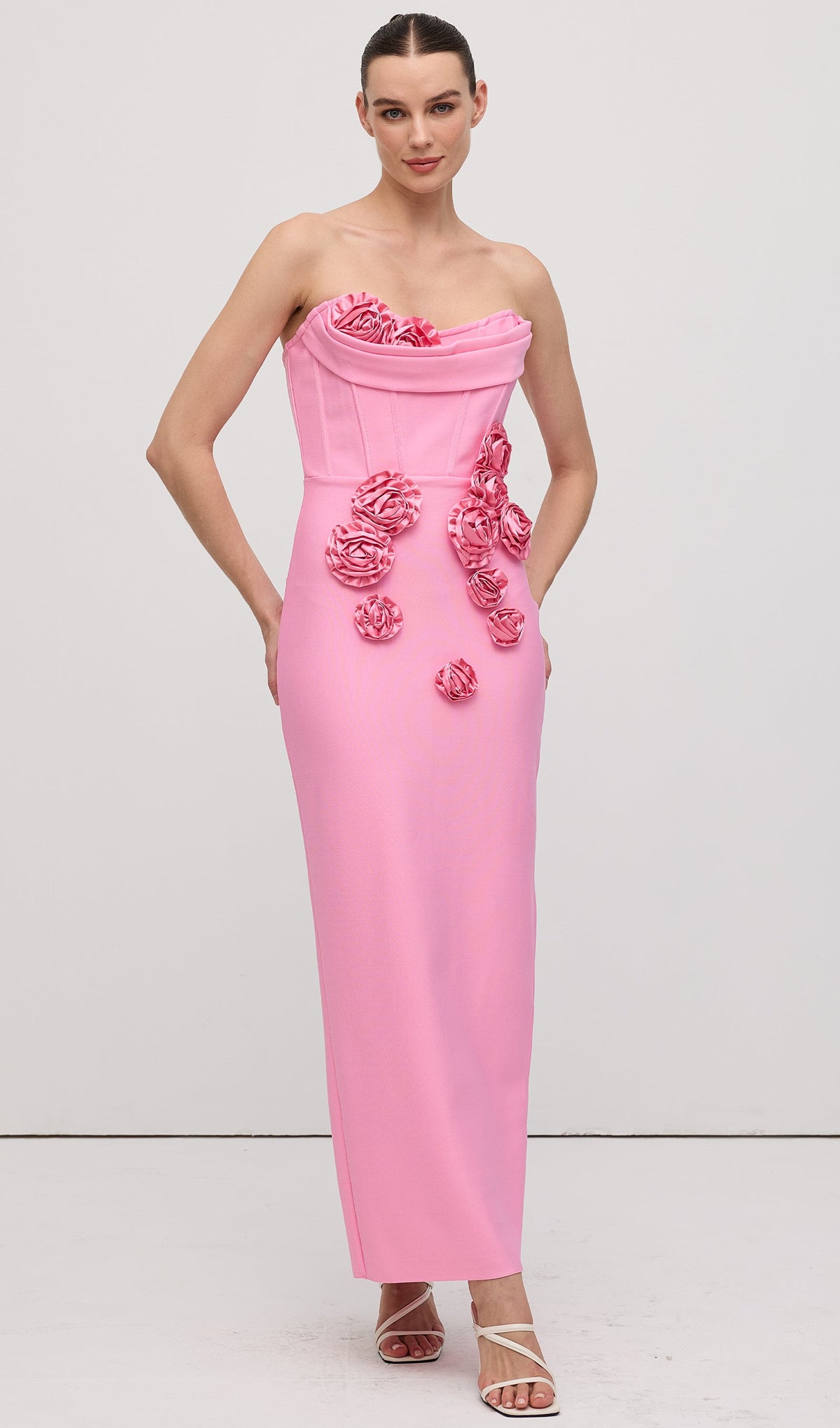 Strapless Flower Embellishments Maxi Dress Pink