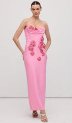 Strapless Flower Embellishments Maxi Dress Pink