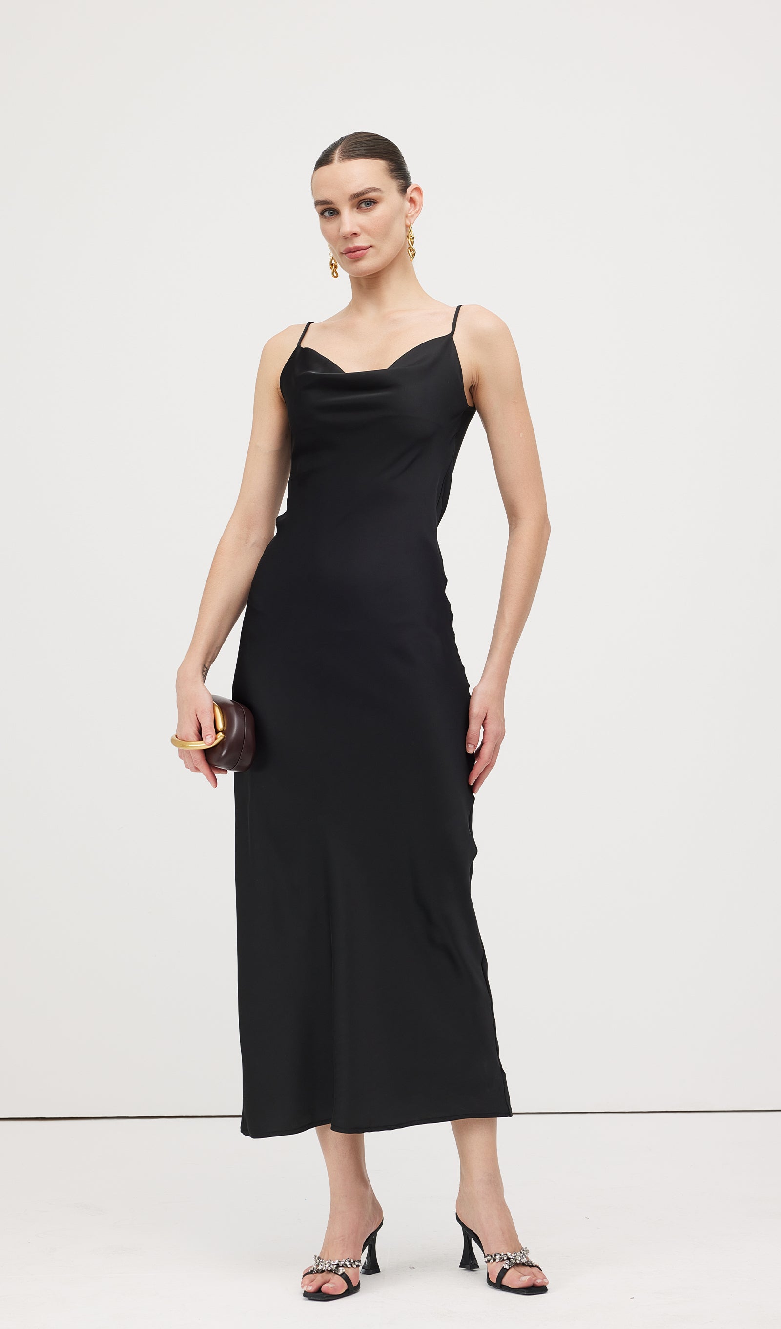 Swing Neck Satin Slip Midi Dress
