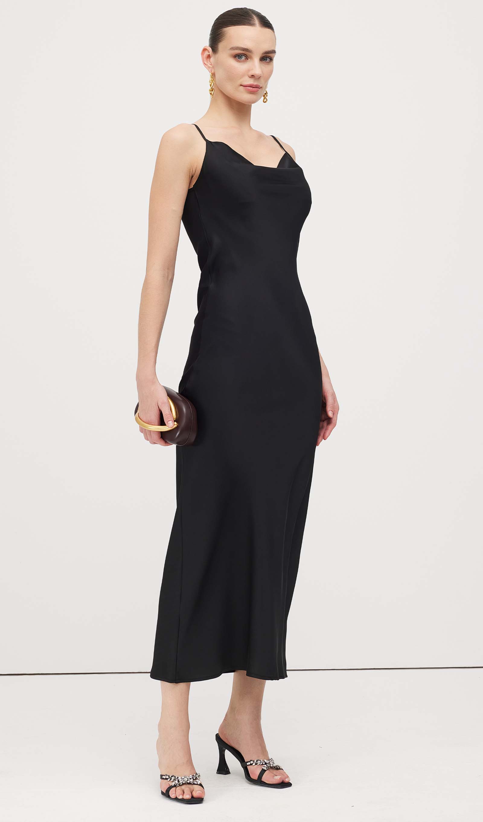 Swing Neck Satin Slip Midi Dress