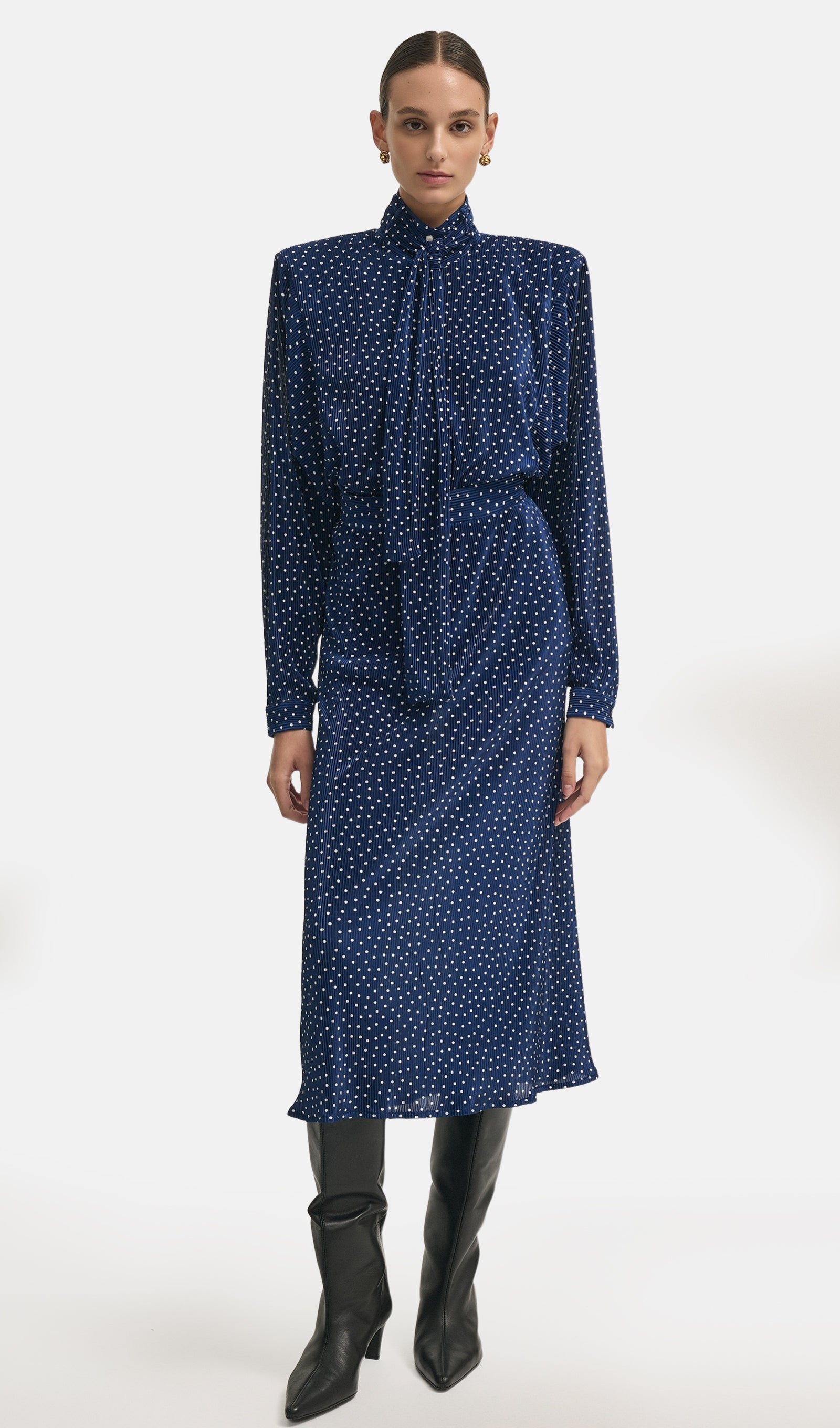 Tie Neck Polka Dot Top & Straight Skirt Set